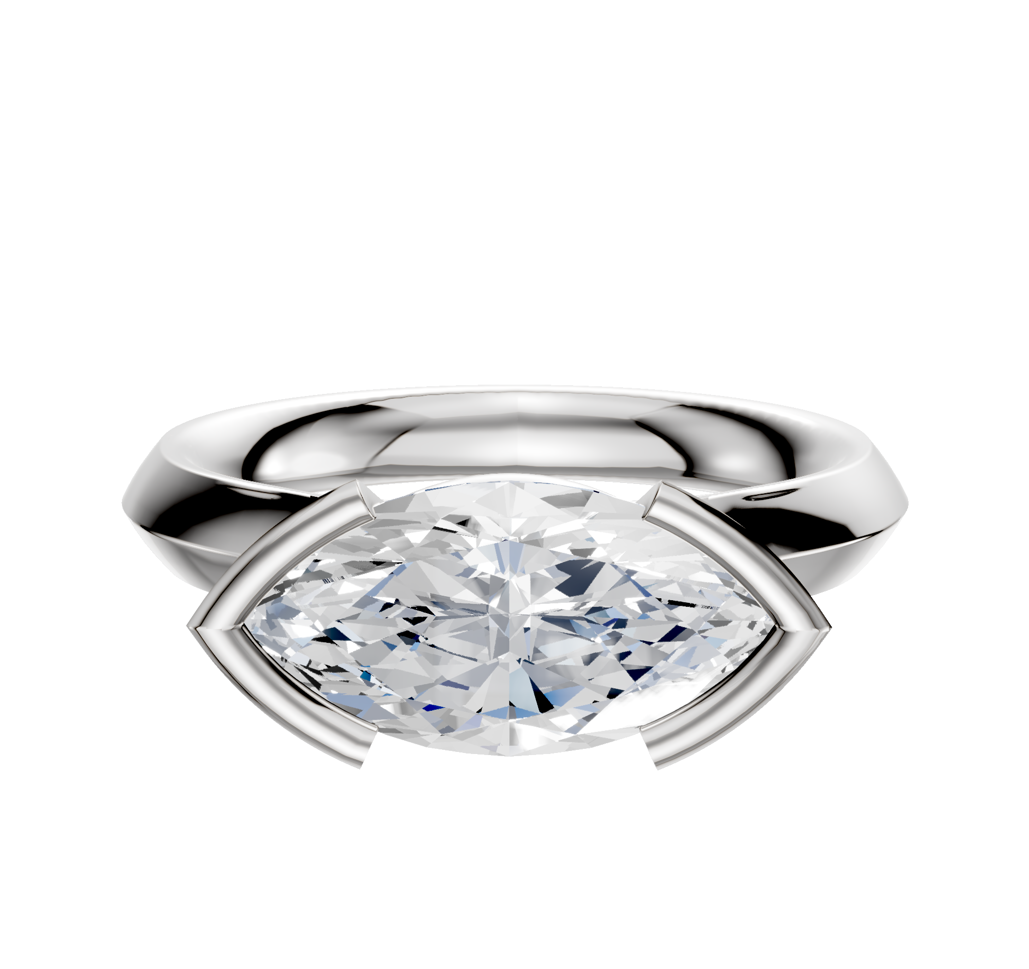 A 14K white gold bezel half bezel east/west cathedral knife edge 3.0mm engagement ring is set against a plain white background.