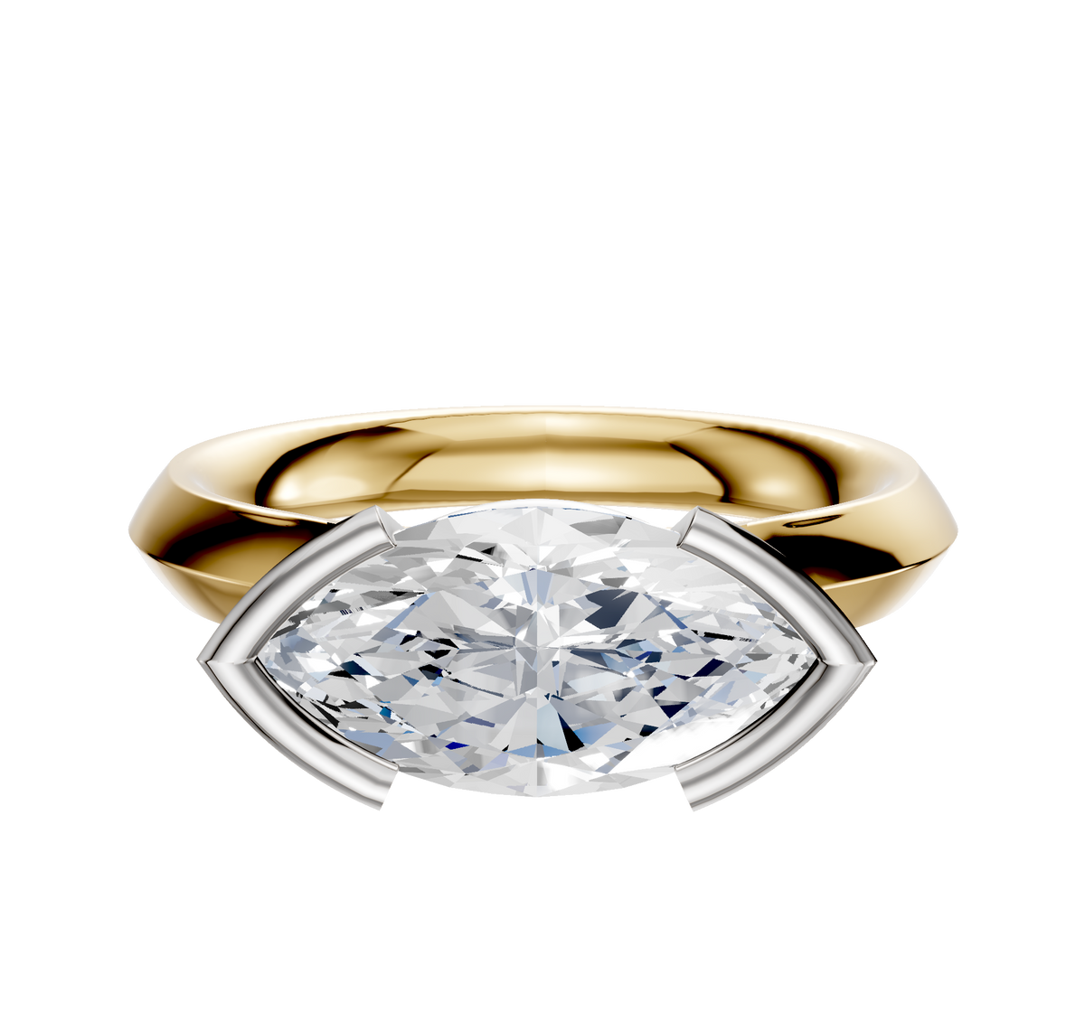 An 18K two-tone engagement ring with a 3.0mm knife-edge band, featuring an east/west cathedral design and half bezel setting for a modern look.
