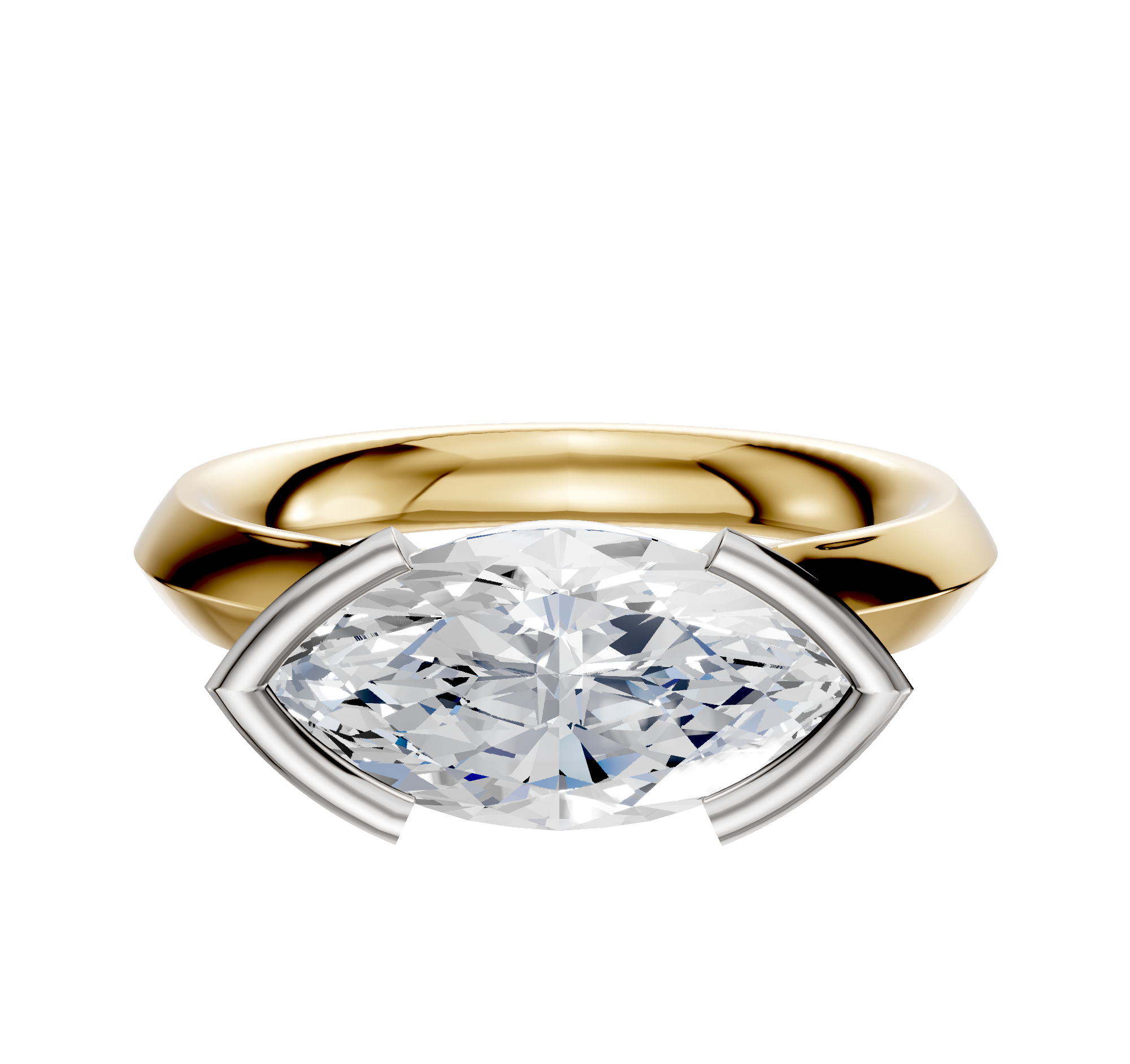 An 18K two-tone engagement ring with a 3.0mm knife-edge band, featuring an east/west cathedral design and half bezel setting for a modern look.