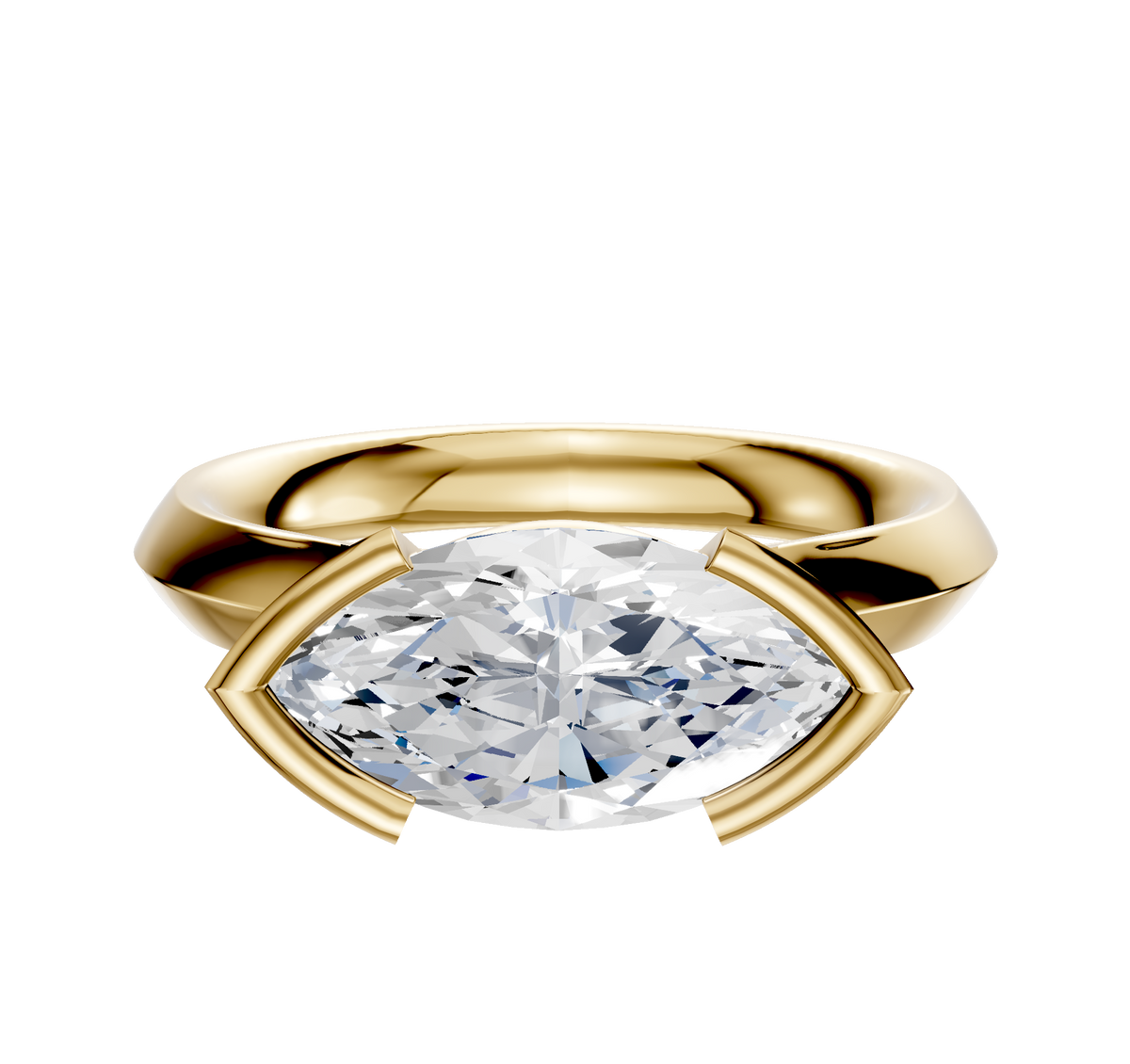 An 18K yellow gold Cathedral knife edge engagement ring with a 3.0mm marquise-cut diamond in an east/west half bezel setting, accented by four gold prongs, shown on a plain white background.