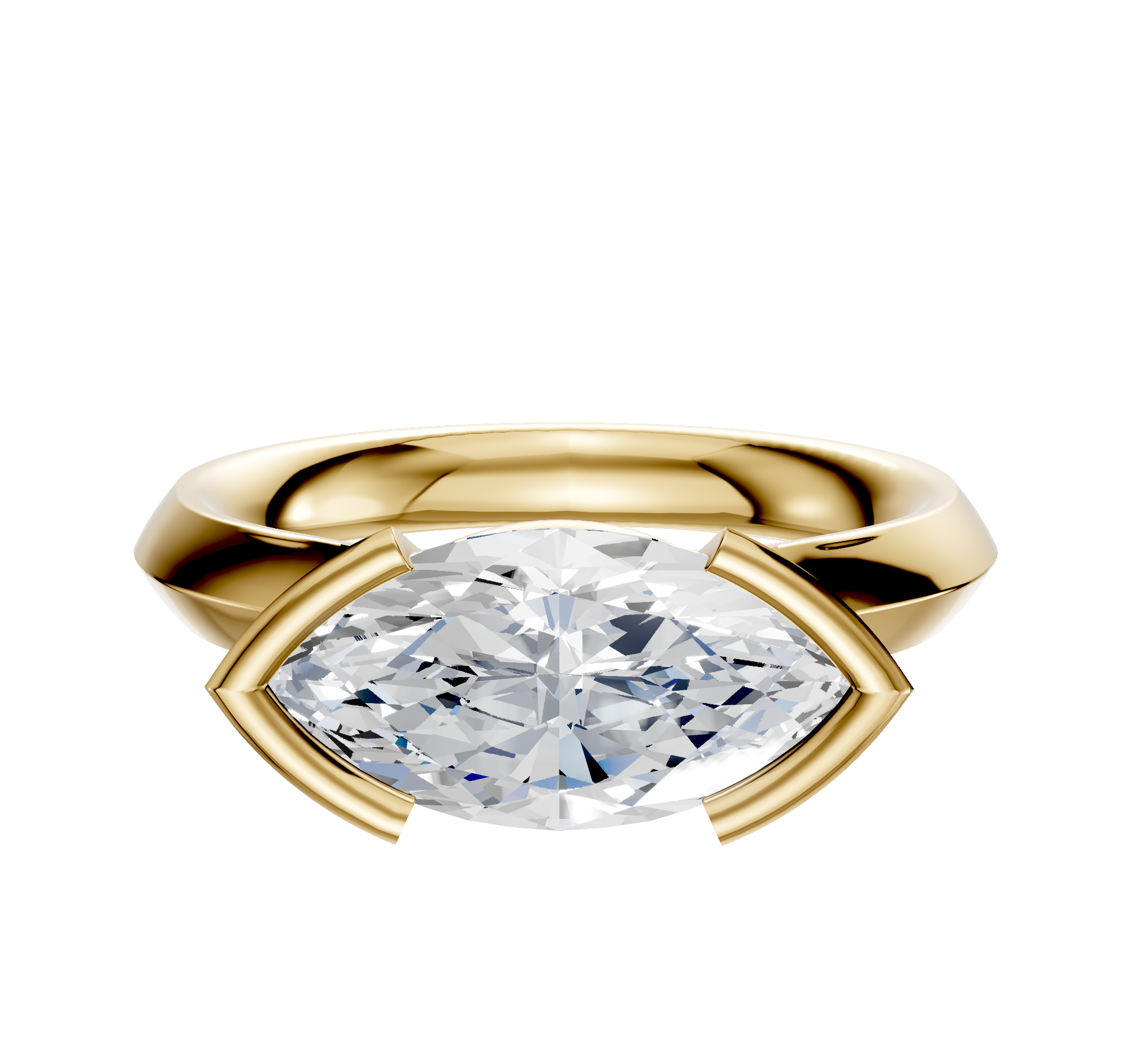 An 18K yellow gold Cathedral knife edge engagement ring with a 3.0mm marquise-cut diamond in an east/west half bezel setting, accented by four gold prongs, shown on a plain white background.