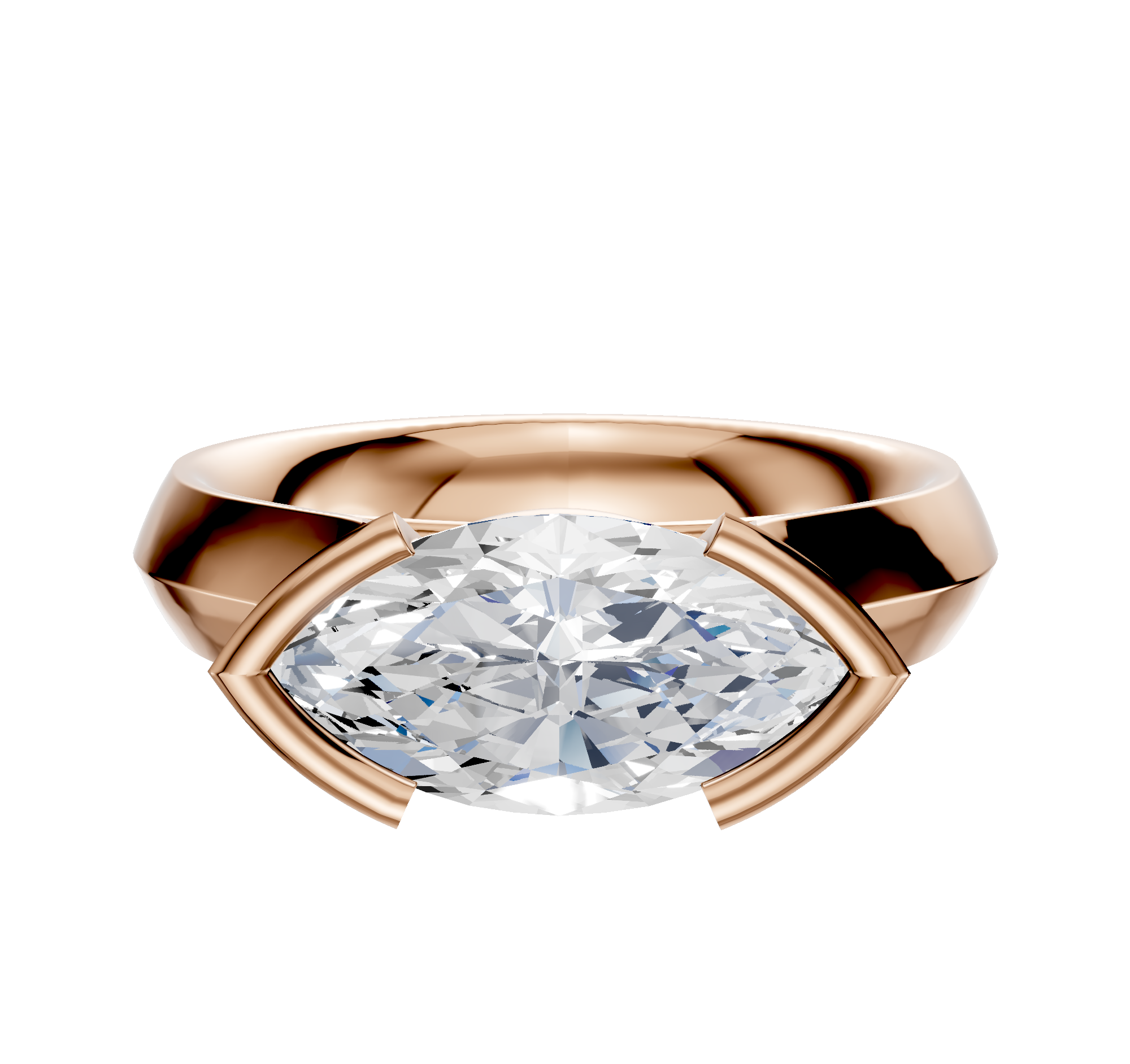 The 14K Rose Gold Bezel Half Bezel East/West Cathedral Knife Edge 4.0mm Engagement Ring showcases a wide band with a horizontally set center stone on a plain white background.