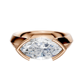 The 18K Rose Gold Bezel Half Bezel East/West Cathedral Knife Edge 4.0mm Engagement Ring features a horizontally set marquise diamond in a modern, bold design with curved prongs and a smooth, shiny band.