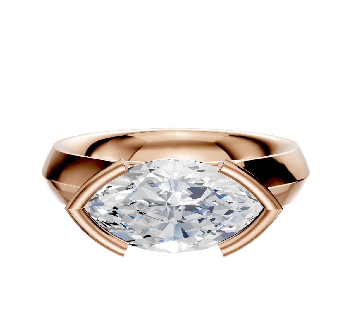 The 18K Rose Gold Bezel Half Bezel East/West Cathedral Knife Edge 4.0mm Engagement Ring features a horizontally set marquise diamond in a modern, bold design with curved prongs and a smooth, shiny band.