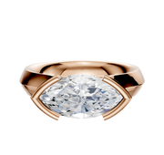 The 18K Rose Gold Bezel Half Bezel East/West Cathedral Knife Edge 4.0mm Engagement Ring features a horizontally set marquise diamond in a modern, bold design with curved prongs and a smooth, shiny band.