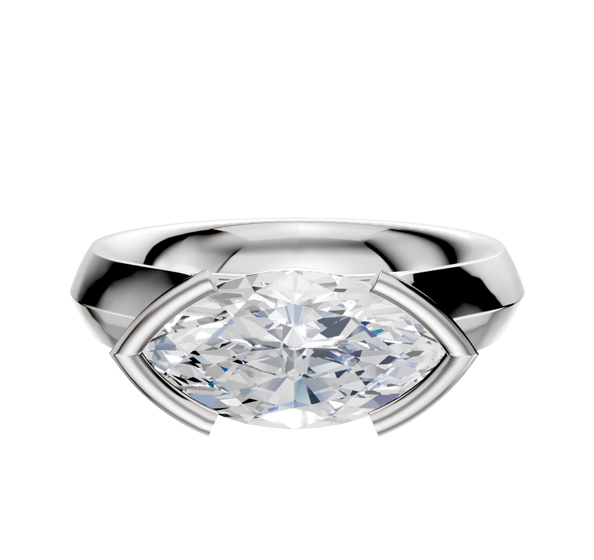 An 18K white gold half bezel East/West cathedral knife edge engagement ring with a 4.0mm marquise-cut clear gemstone, showcased on a plain white background.