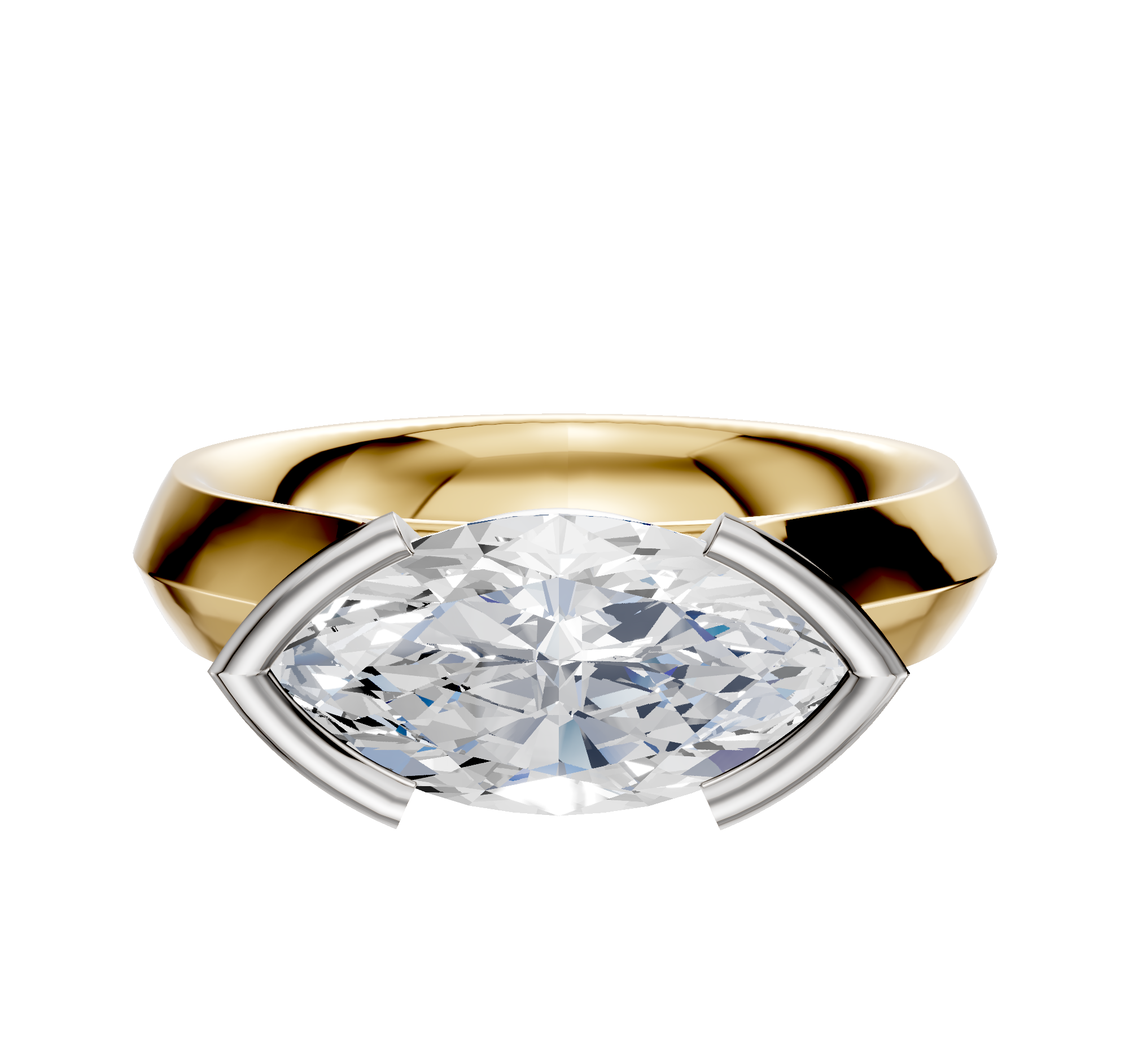 A 14K two-tone engagement ring with a 4.0mm cathedral knife edge band and an east/west half bezel setting for the center stone.