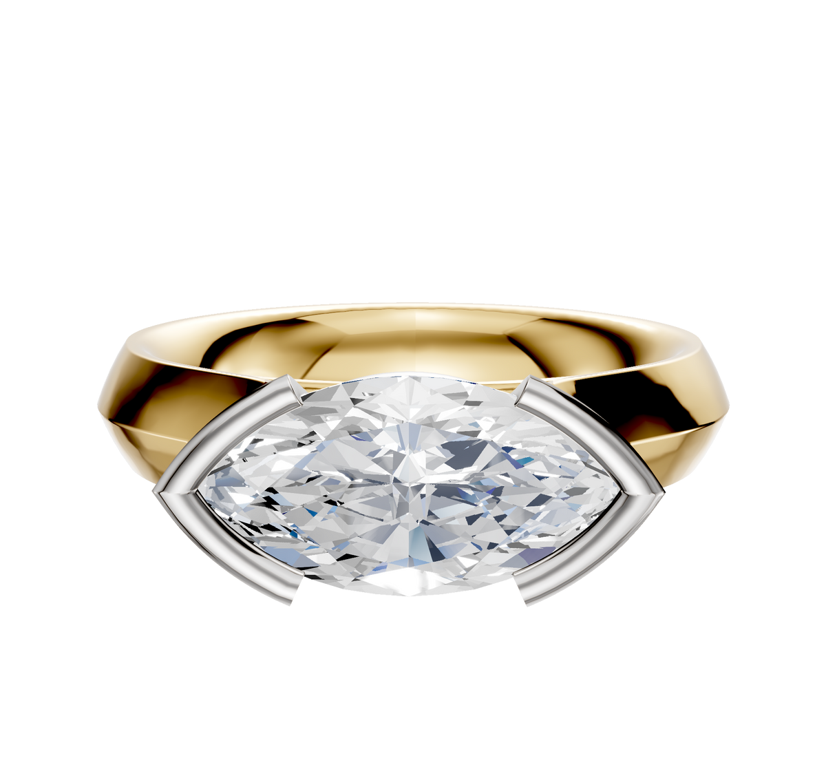 An 18K two tone Bezel Half Bezel East/West Cathedral Knife Edge 4.0mm engagement ring with a wide band and modern marquise-cut diamond setting, displayed against a plain white background.