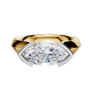 An 18K two tone Bezel Half Bezel East/West Cathedral Knife Edge 4.0mm engagement ring with a wide band and modern marquise-cut diamond setting, displayed against a plain white background.
