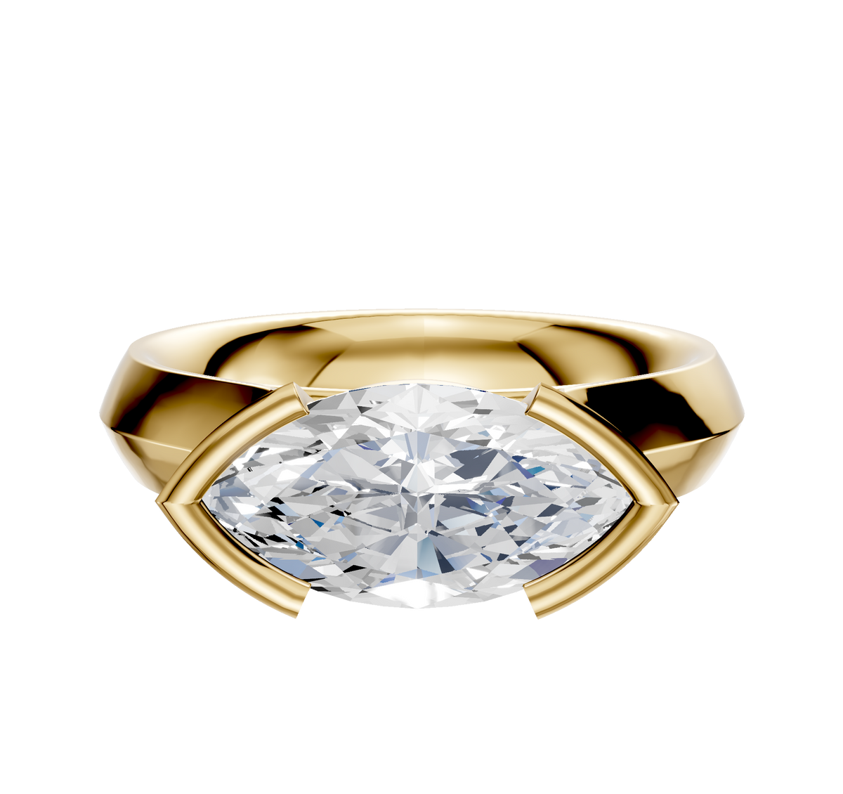 An 18K yellow gold engagement ring with a wide, cathedral knife edge band, showcasing a 4.0mm clear stone in an east/west half bezel setting for a modern look.