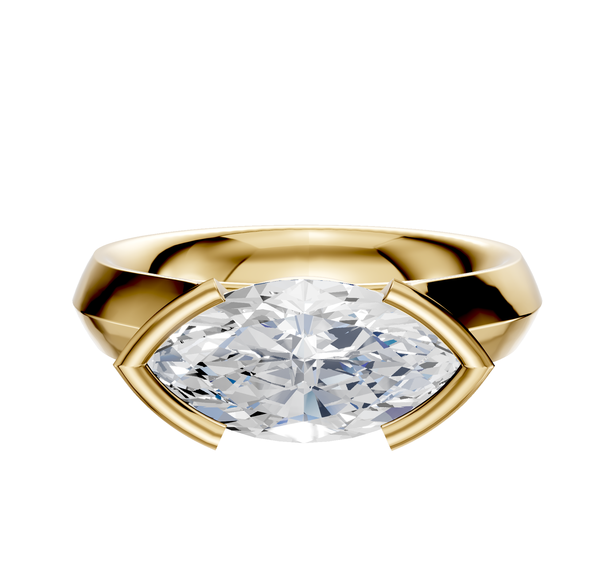 An 18K yellow gold engagement ring with a wide, cathedral knife edge band, showcasing a 4.0mm clear stone in an east/west half bezel setting for a modern look.