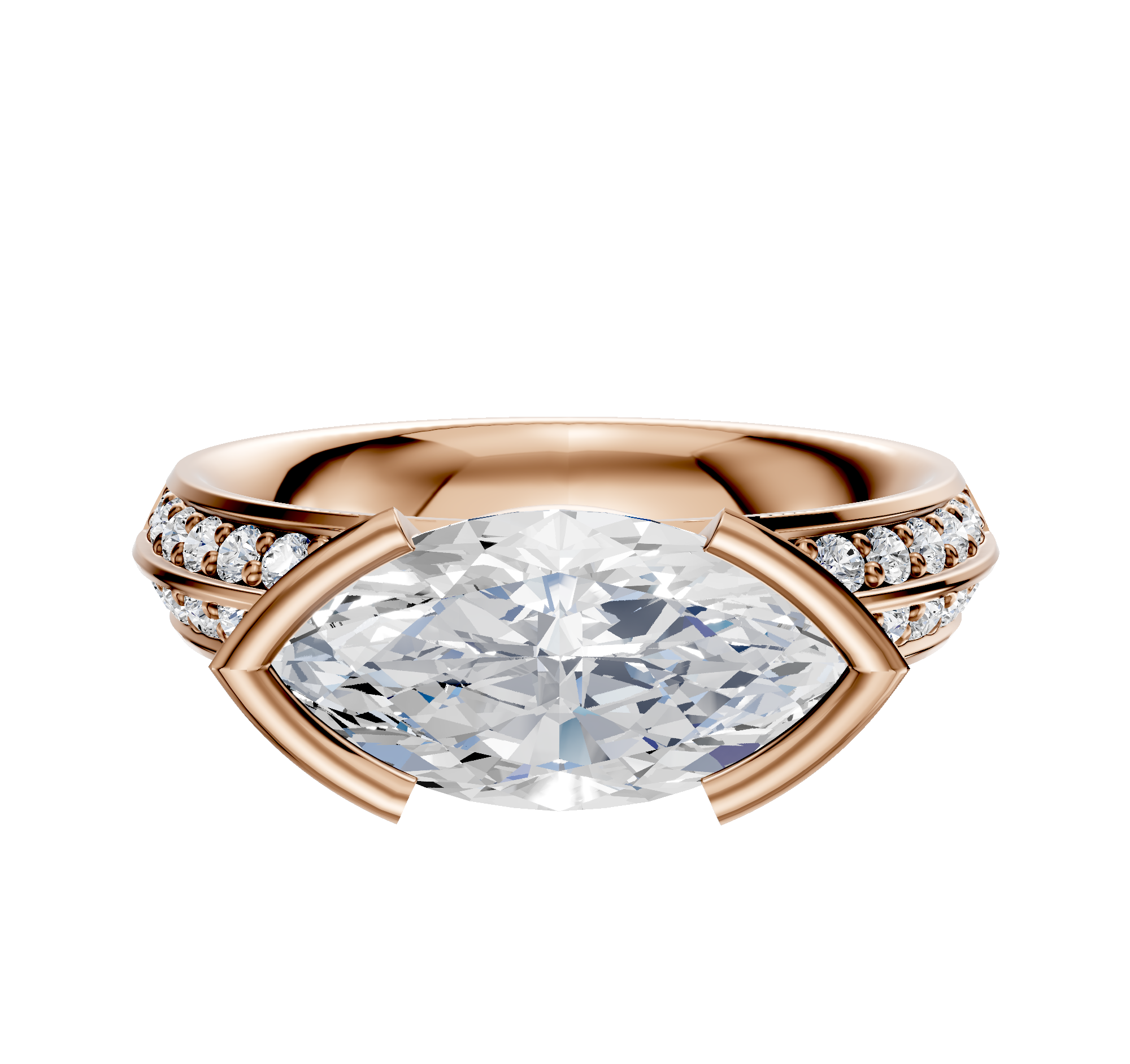 A 14K rose gold engagement ring featuring a classic knife edge and east-west bezel setting, highlighted by a single row of pave diamonds along the 2.5mm band.