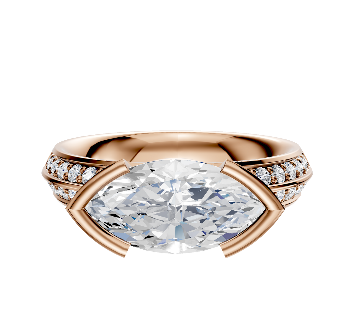 The 18K Rose Gold Bezel Half Bezel East/West Classic Knife Edge Engagement Ring features a striking marquise-cut center and a 2.5mm band set with a single row of pave diamonds.