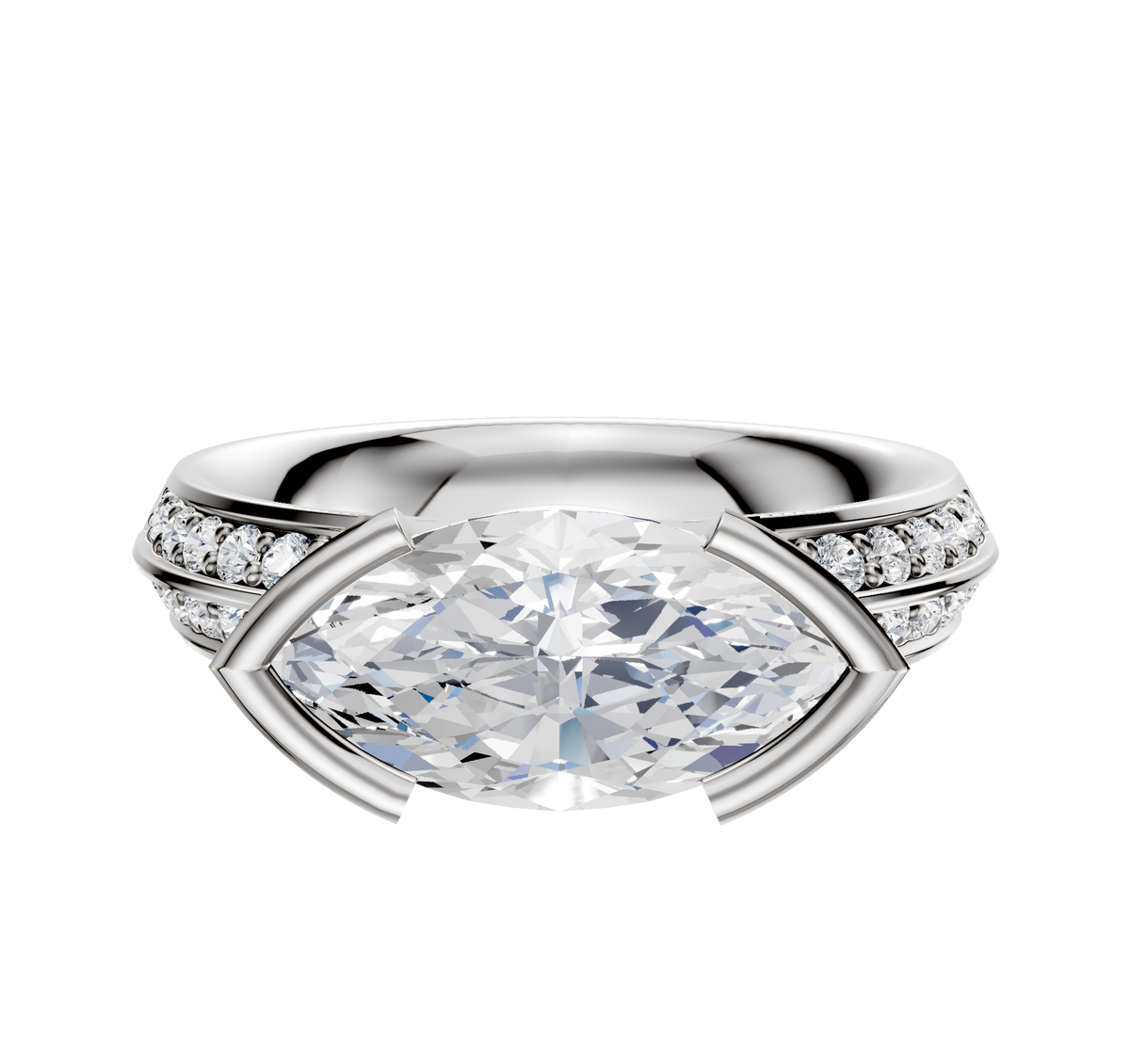 A 14K white gold East/West classic knife-edge engagement ring featuring a bezel half-bezel setting and a 2.5mm band with a single row of pave diamonds.