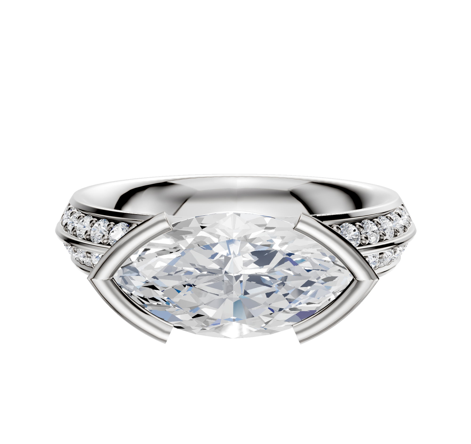 A 14K white gold East/West classic knife-edge engagement ring featuring a bezel half-bezel setting and a 2.5mm band with a single row of pave diamonds.
