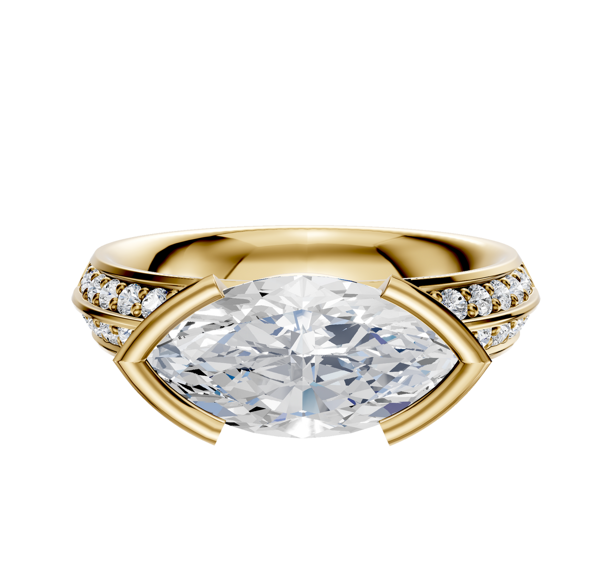 The 14K Yellow Gold Bezel Half Bezel East/West Classic Knife Edge Engagement Ring features a 2.5mm center stone and a single row of pave diamonds along the band for an elegant, symmetrical look with a polished finish.