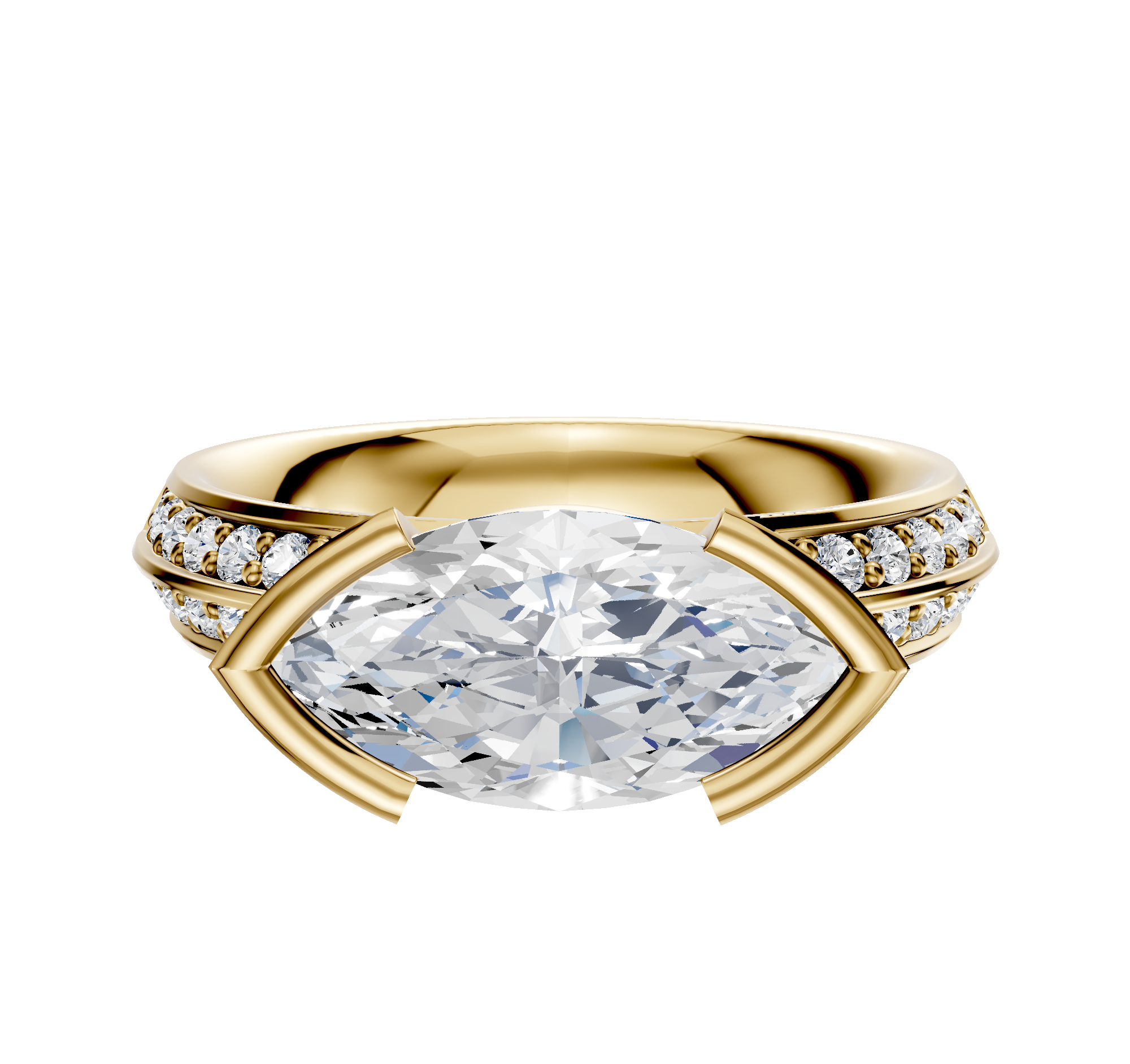 The 14K Yellow Gold Bezel Half Bezel East/West Classic Knife Edge Engagement Ring features a 2.5mm center stone and a single row of pave diamonds along the band for an elegant, symmetrical look with a polished finish.
