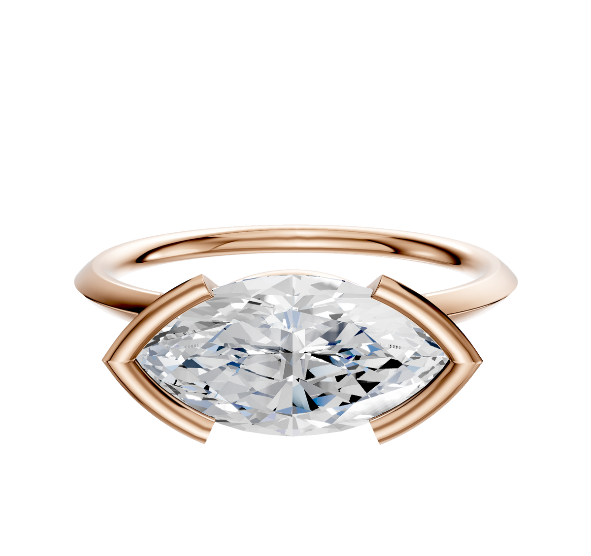 The 14K Rose Gold Bezel Half Bezel East/West Classic Knife Edge 1.5mm Engagement Ring features a large marquise-cut diamond in a unique open-frame bezel setting against a white background.