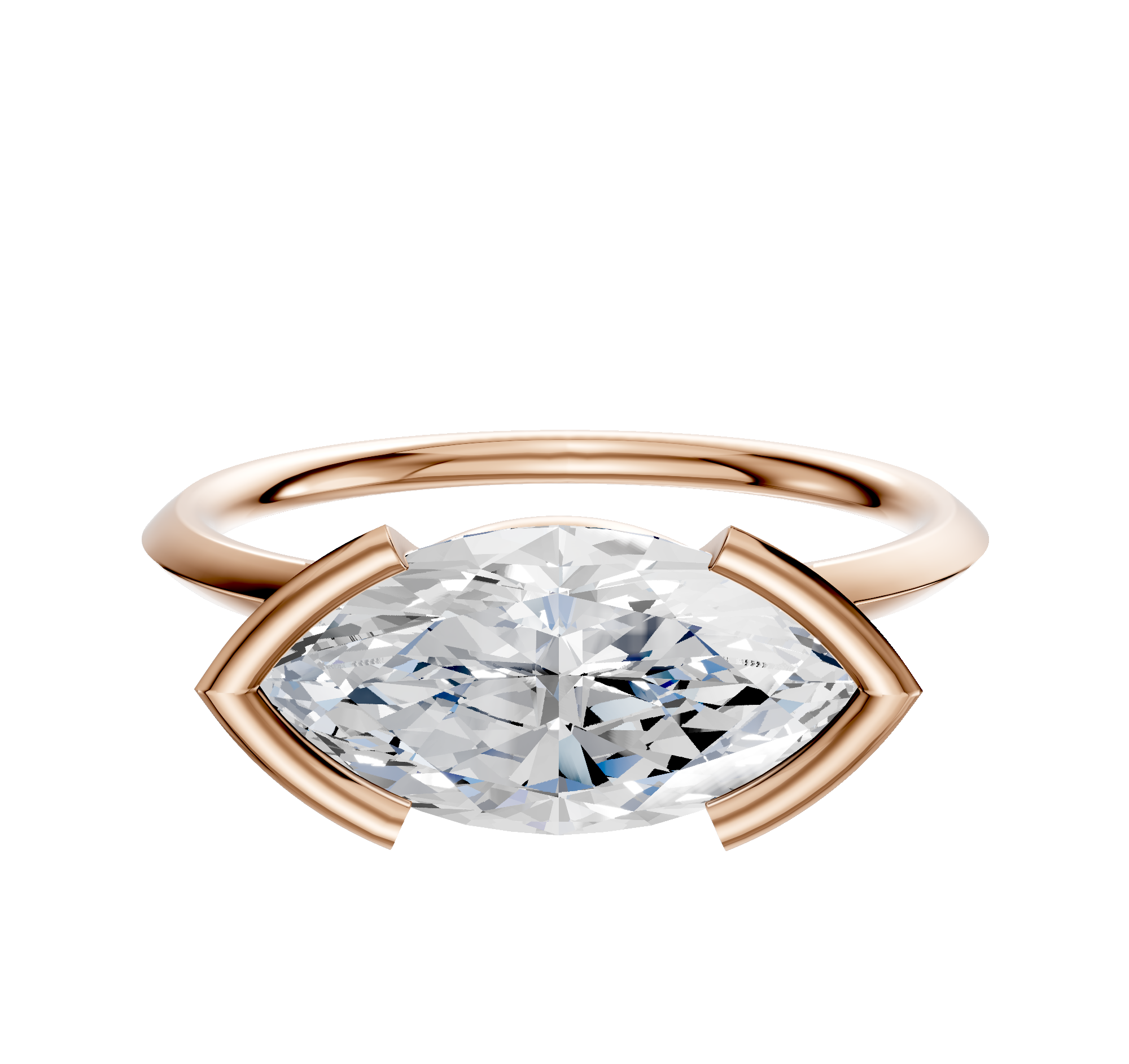 The 14K Rose Gold Bezel Half Bezel East/West Classic Knife Edge 1.5mm Engagement Ring features a large marquise-cut diamond in a unique open-frame bezel setting against a white background.