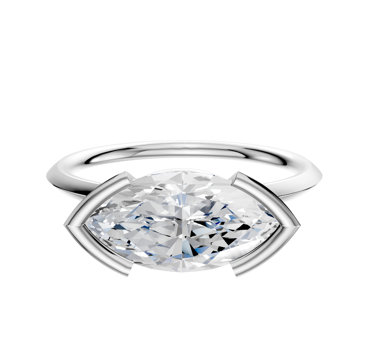 A 14K white gold bezel half bezel east/west classic knife edge 1.5mm engagement ring, shown on a plain white background.