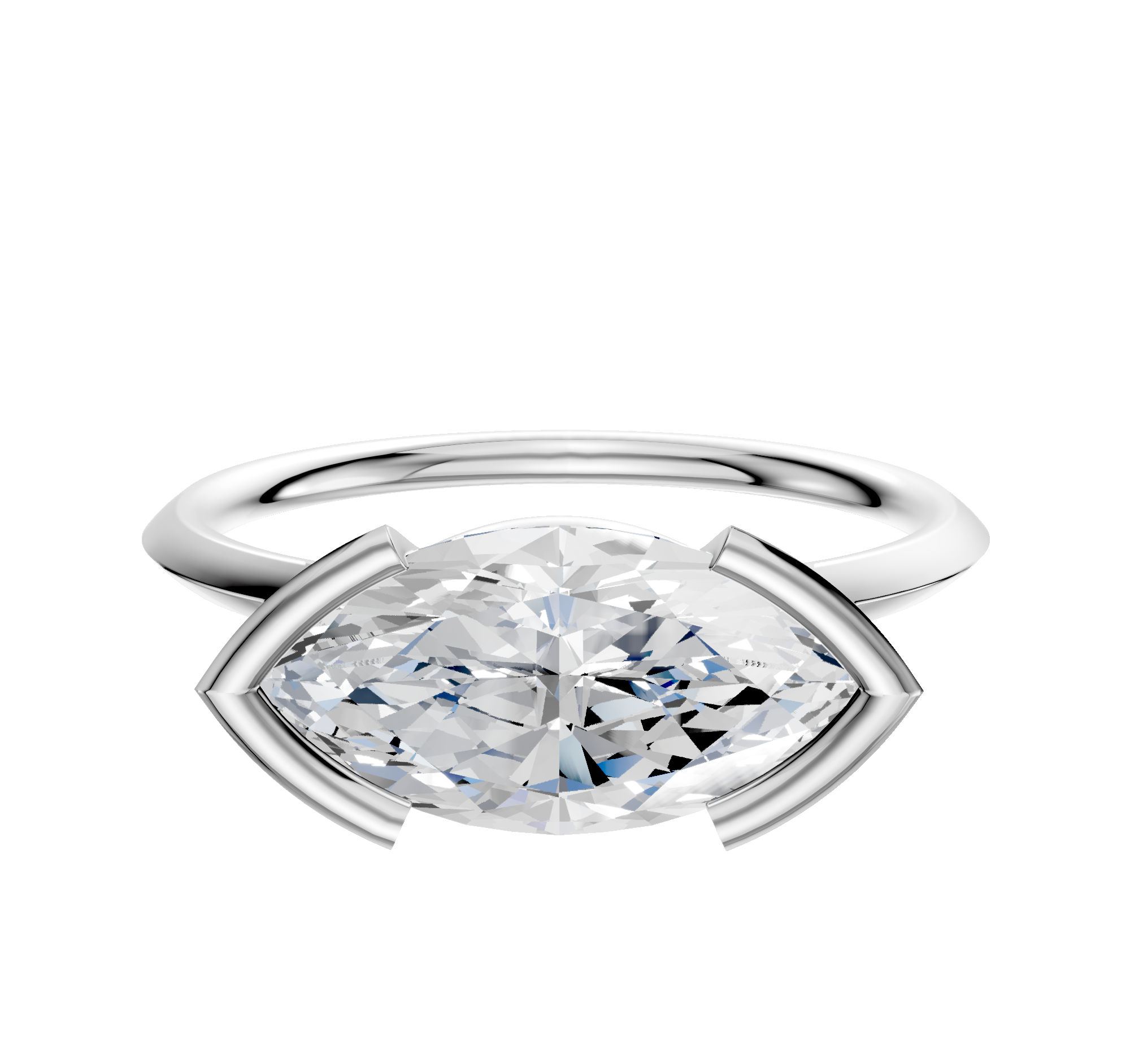 An 18K white gold bezel half bezel east/west classic knife edge 1.5mm engagement ring is displayed on a plain white background.
