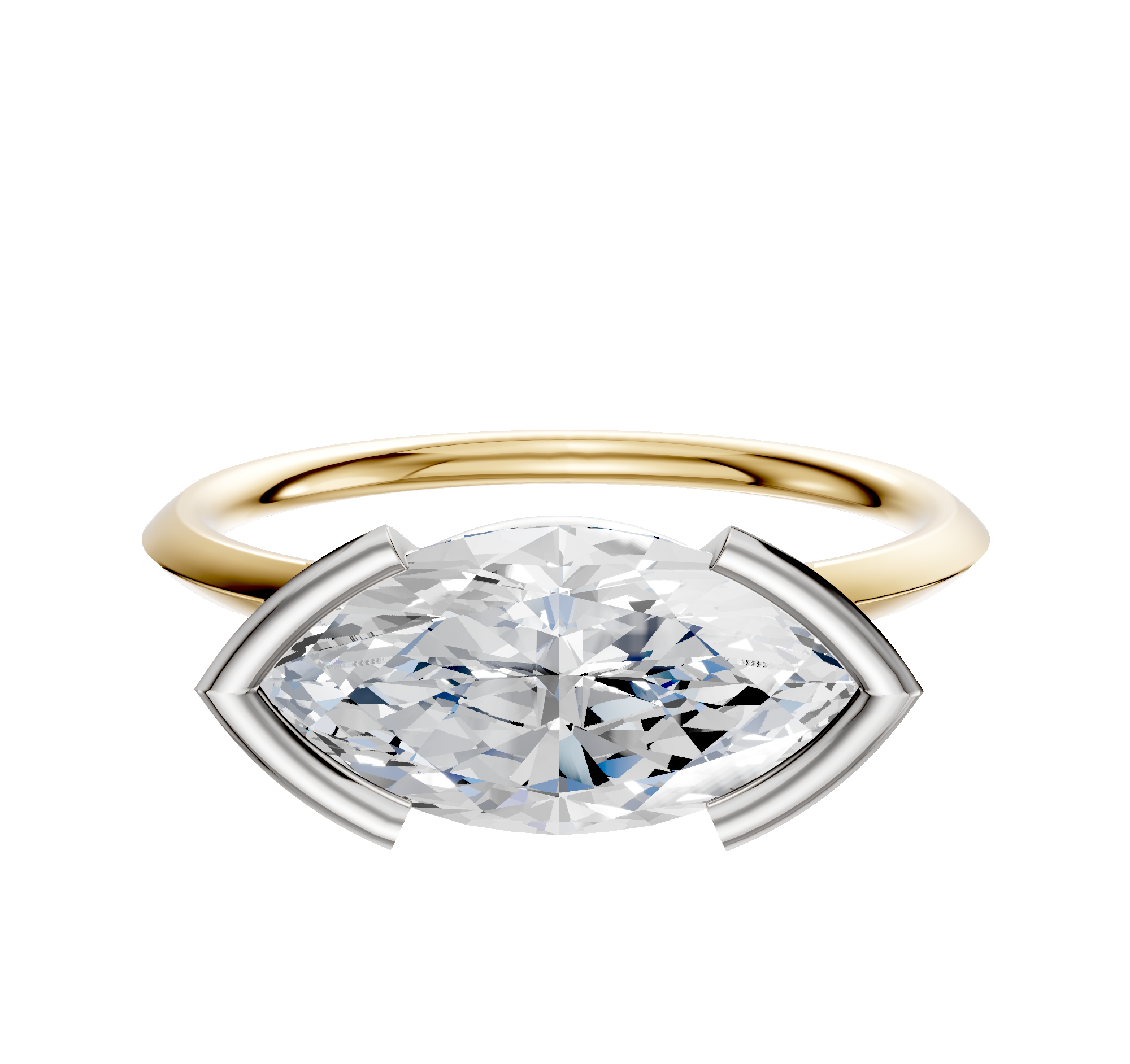 A 14K two-tone engagement ring with a classic knife edge and a half bezel East/West setting, featuring a 1.5mm band.
