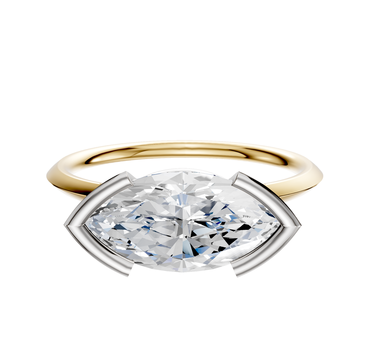 An 18K Two Tone Bezel Half Bezel East/West Classic Knife Edge 1.5mm engagement ring with a large oval diamond is displayed on a plain white background.