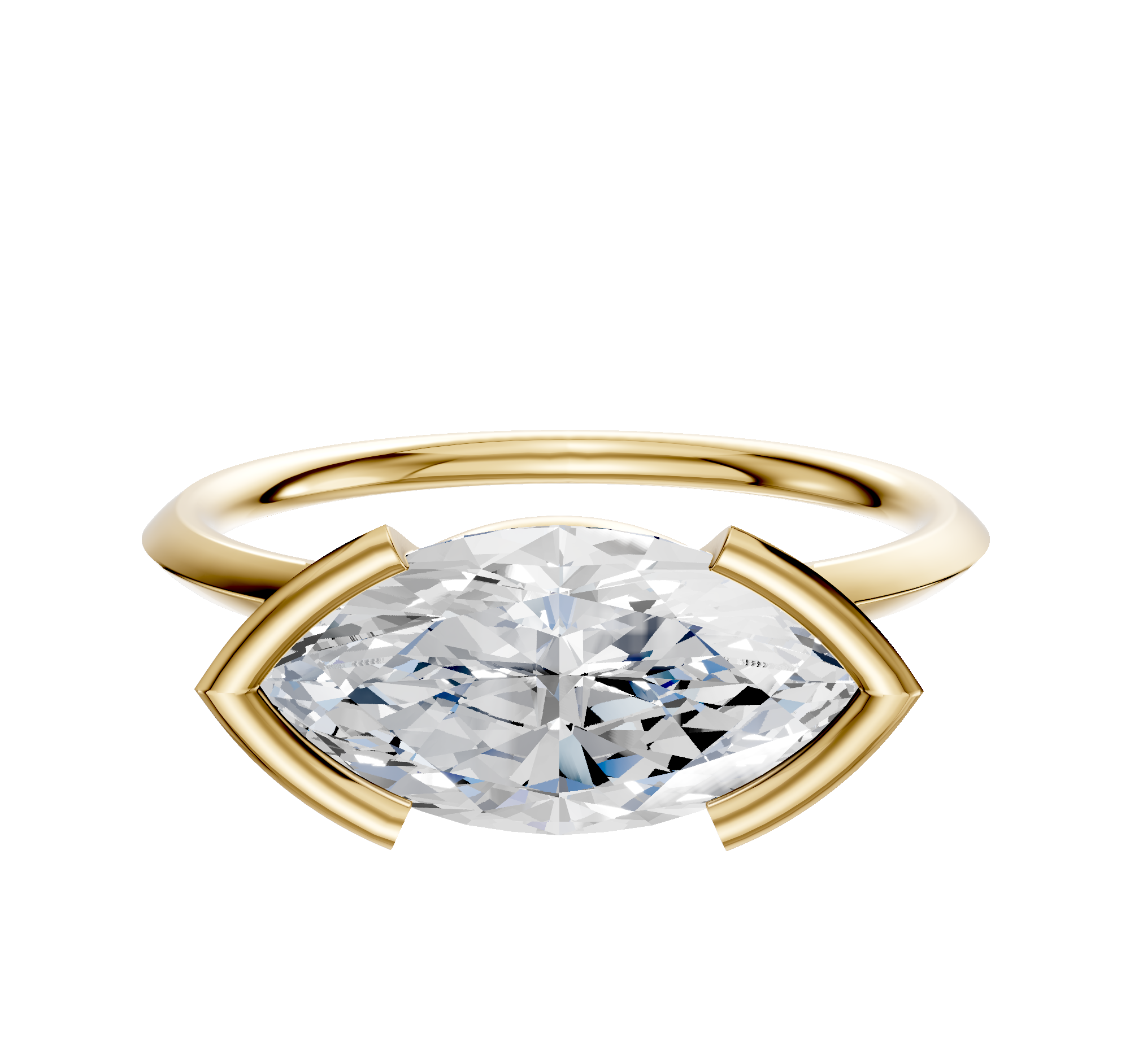 The 14K Yellow Gold Bezel Half Bezel East/West Classic Knife Edge 1.5mm Engagement Ring features a horizontally set marquise diamond with curved gold prongs, shown against a plain white background.