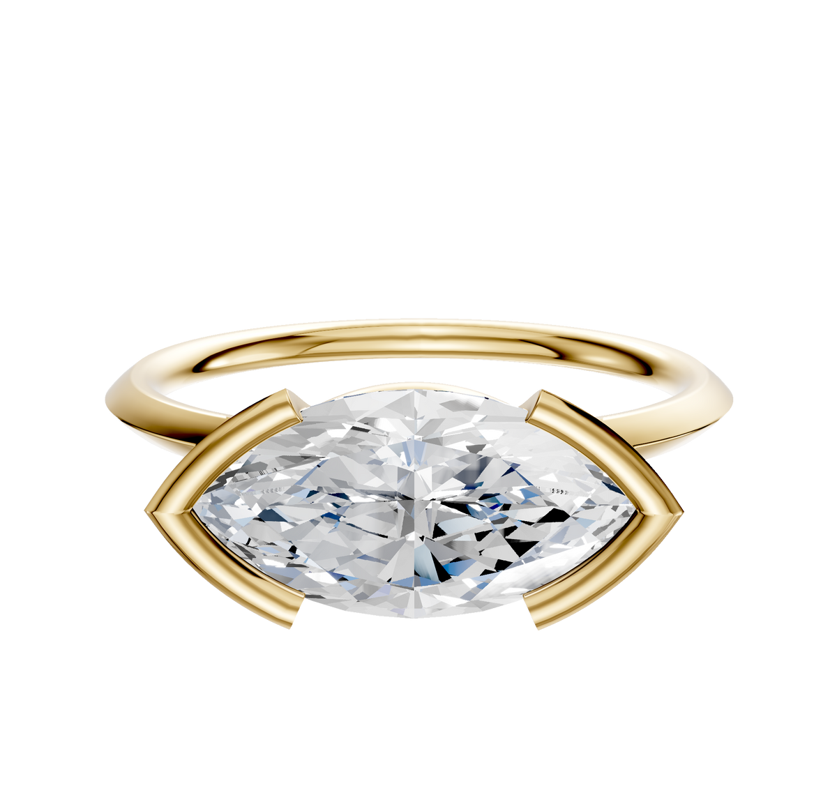 An 18K yellow gold East/West Classic Knife Edge engagement ring featuring a large marquise-cut clear gemstone in a half bezel setting, displayed against a plain white background.