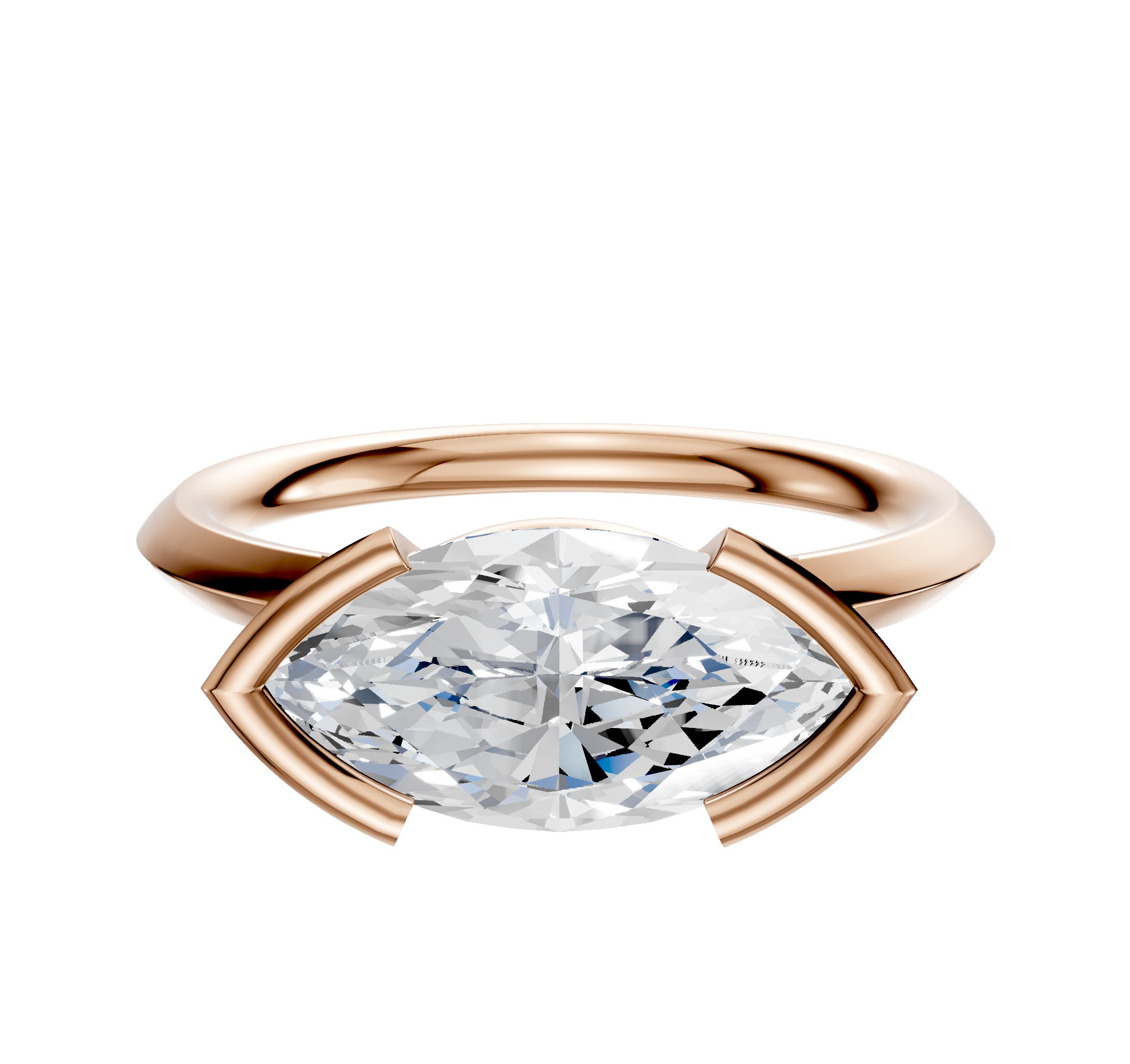 An 18K rose gold East/West classic knife edge 2.0mm engagement ring with a half bezel setting is displayed against a plain white background.