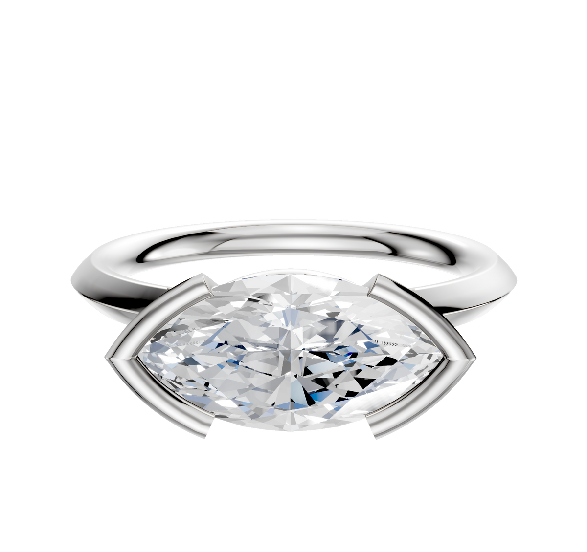 A 14K white gold bezel half bezel east/west classic knife edge 2.0mm engagement ring with a large marquise-cut clear gemstone in a modern, minimalist setting, displayed on a plain white background.