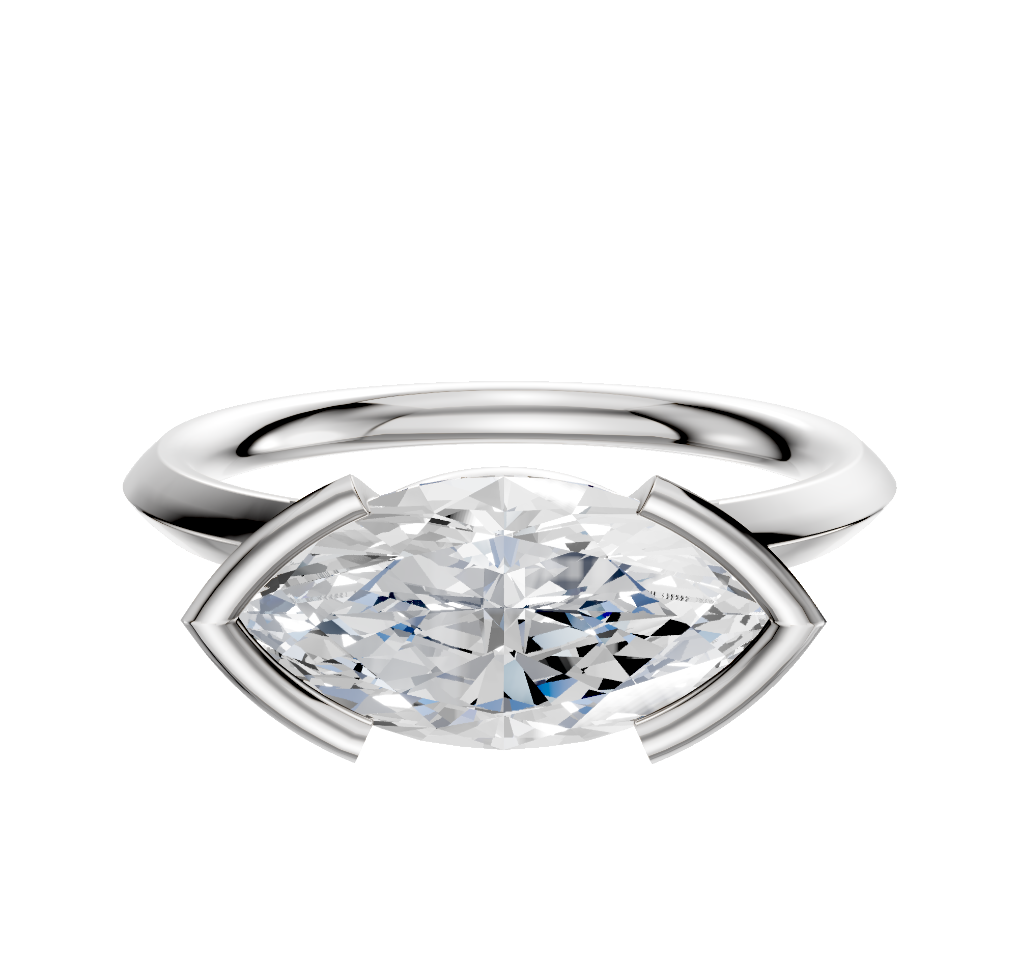 A 14K white gold bezel half bezel east/west classic knife edge 2.0mm engagement ring with a large marquise-cut clear gemstone in a modern, minimalist setting, displayed on a plain white background.