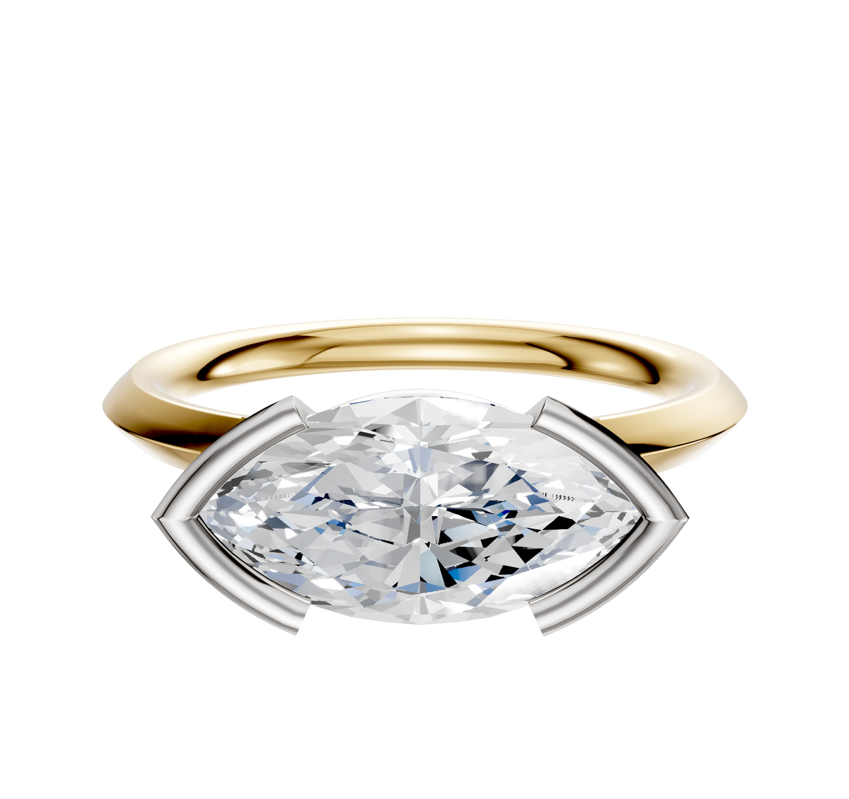 A 14K two-tone engagement ring featuring a classic knife edge and an east/west oval diamond in a distinctive half bezel setting.