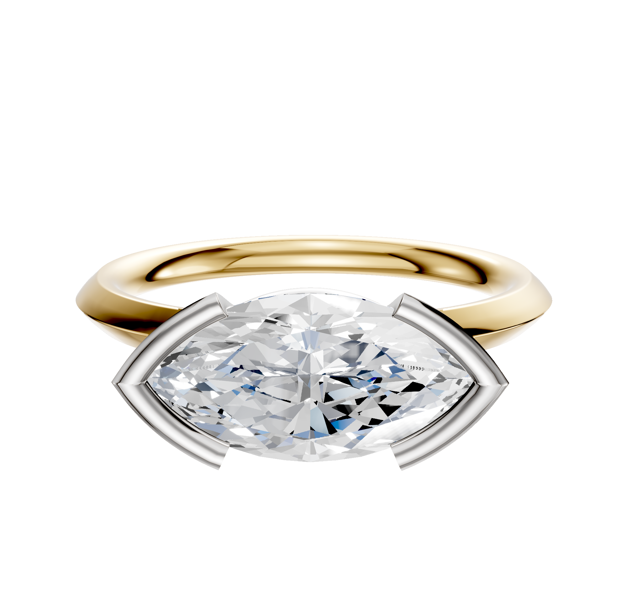 A 14K two-tone engagement ring featuring a classic knife edge and an east/west oval diamond in a distinctive half bezel setting.