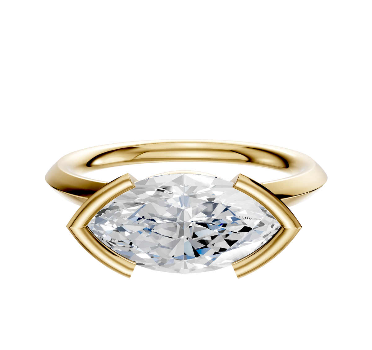 The 14K Yellow Gold Bezel Half Bezel East/West Classic Knife Edge 2.0mm Engagement Ring features a horizontally set gemstone in a sleek gold setting, shown against a plain white background.