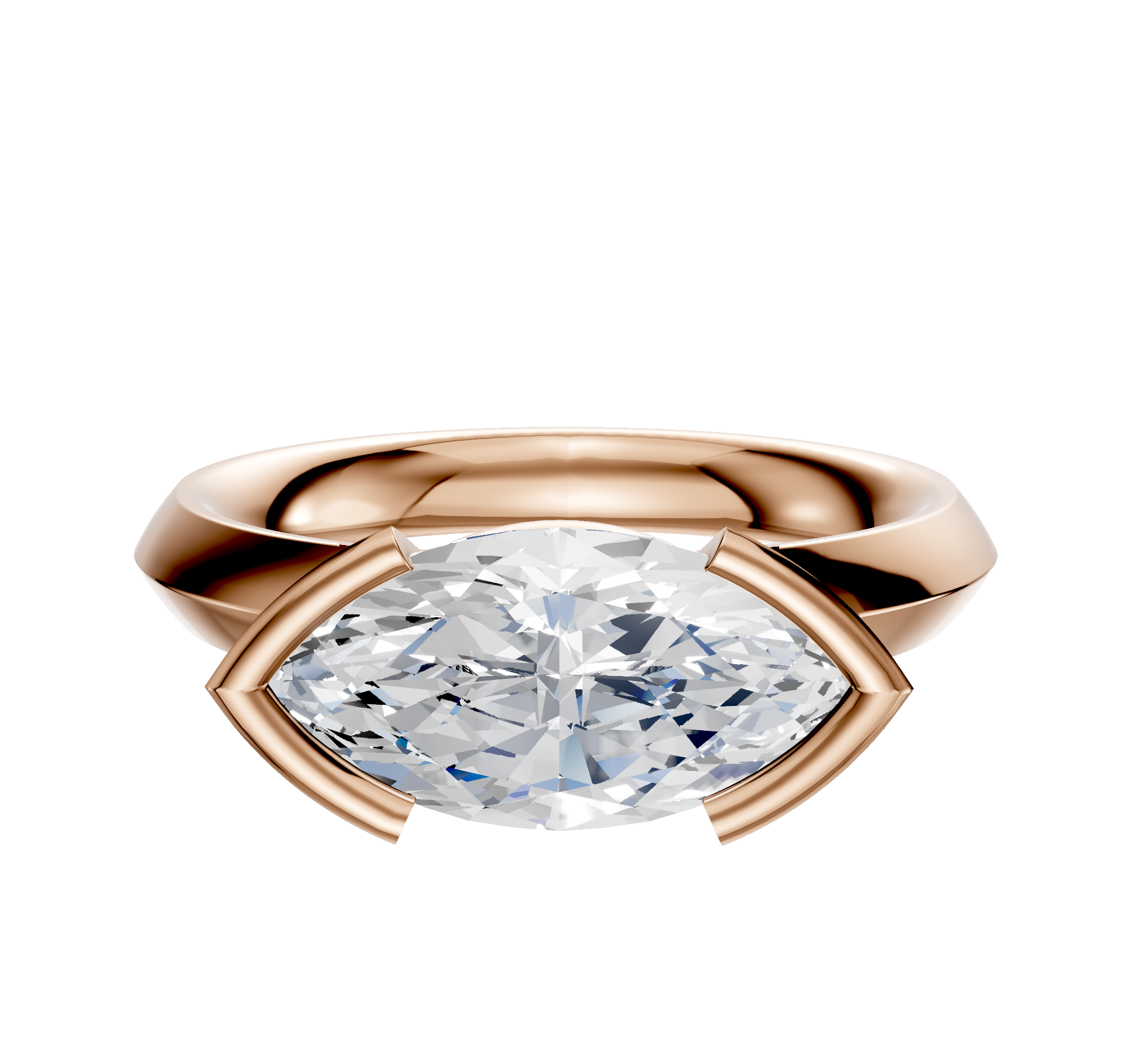 A 14K rose gold engagement ring with a classic knife edge 3.0mm band in a half bezel east/west setting, shown against a plain white background.