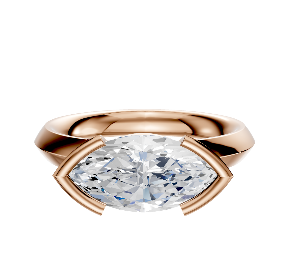 The 18K Rose Gold Bezel Half Bezel East/West Classic Knife Edge 3.0mm Engagement Ring showcases a large marquise-cut white diamond set horizontally in a modern, minimalist bezel against a white background.