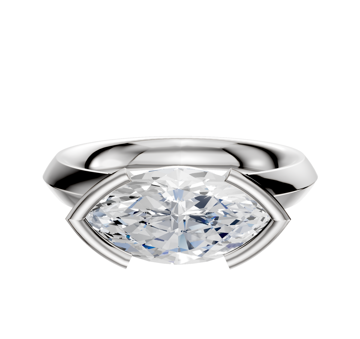A 14K white gold engagement ring with a classic knife edge and half bezel east/west setting, shown against a plain white background.