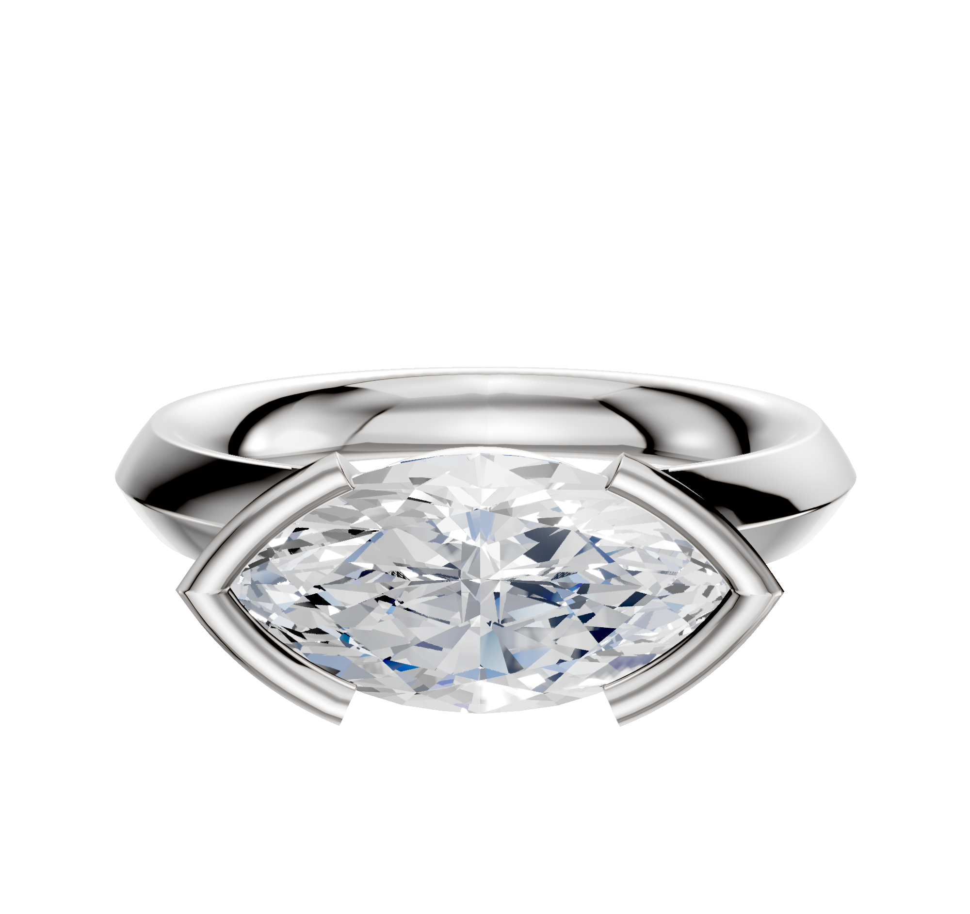 A Platinum Bezel Half Bezel East/West Classic Knife Edge 3.0mm Engagement Ring featuring a horizontally set, clear marquise-cut diamond with modern prongs, shown on a plain white background.