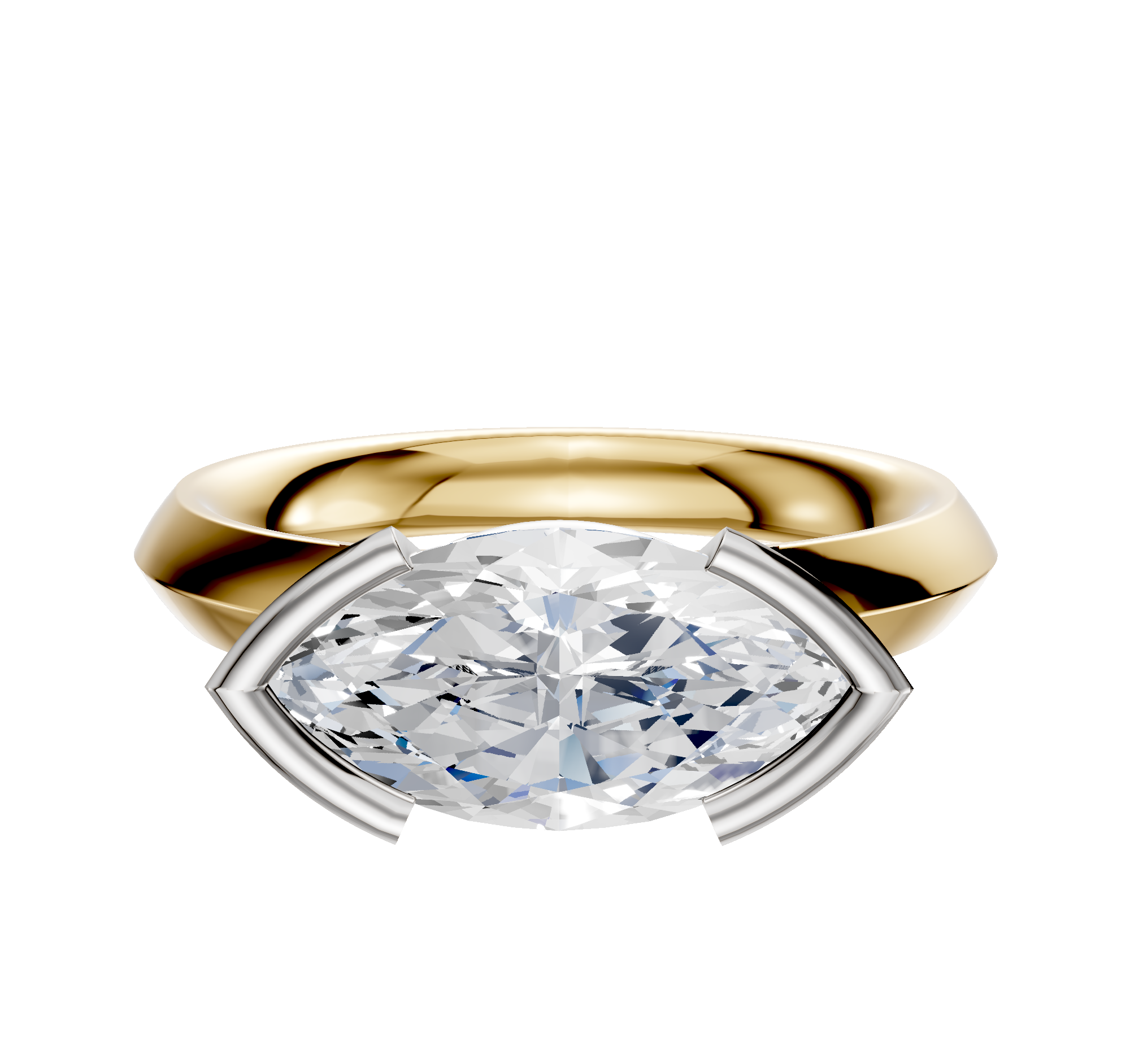A 14K two tone engagement ring with a 3.0mm classic knife edge band in an east/west half bezel setting, shown against a white background.