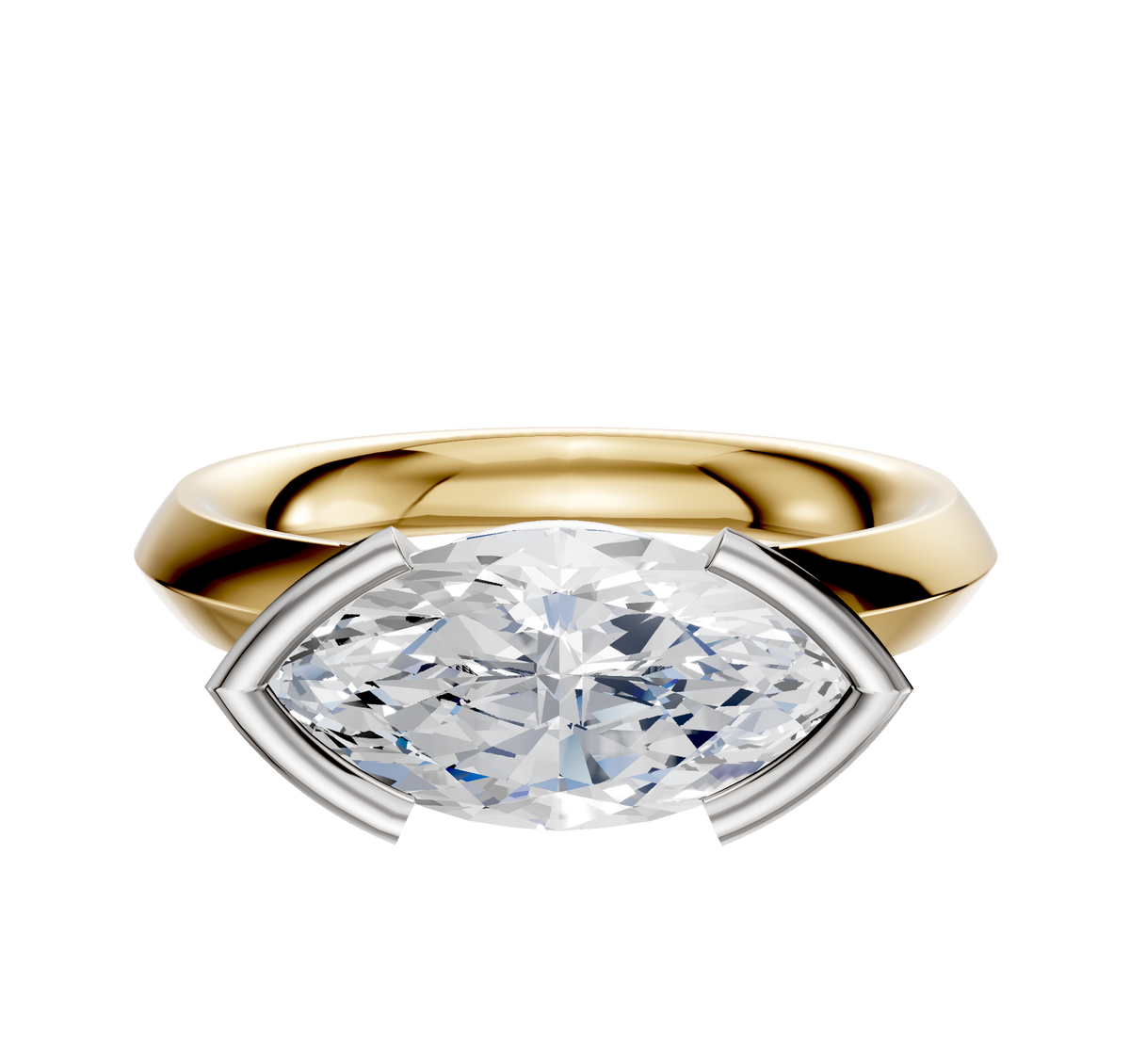 An 18K two-tone engagement ring with a classic knife-edge band and a half bezel east/west setting, featuring a marquise-cut diamond, displayed against a plain white background.