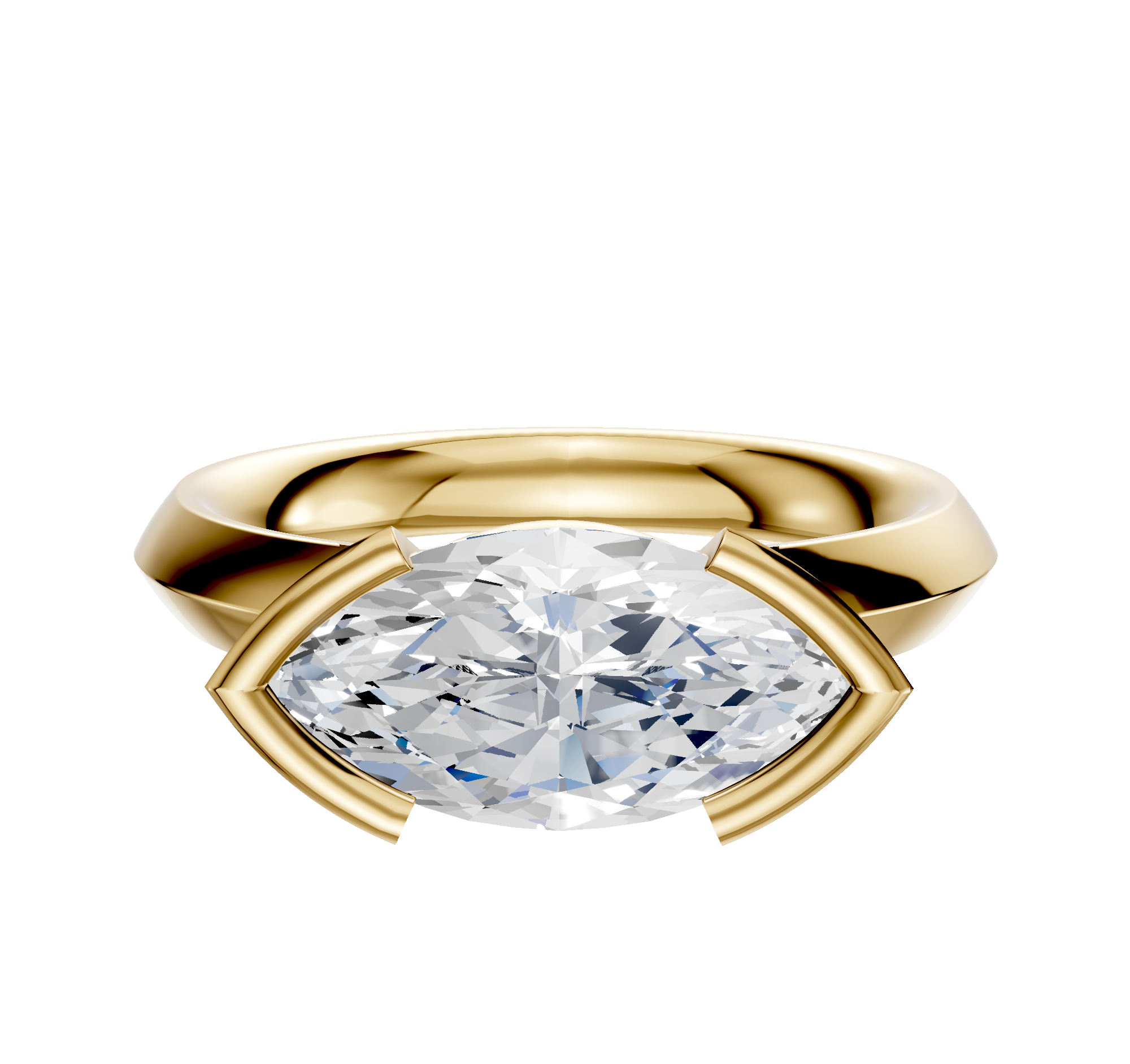A 14K yellow gold engagement ring with a classic knife-edge band and a 3.0mm diamond set East/West in a sleek half bezel, shown on a plain white background.