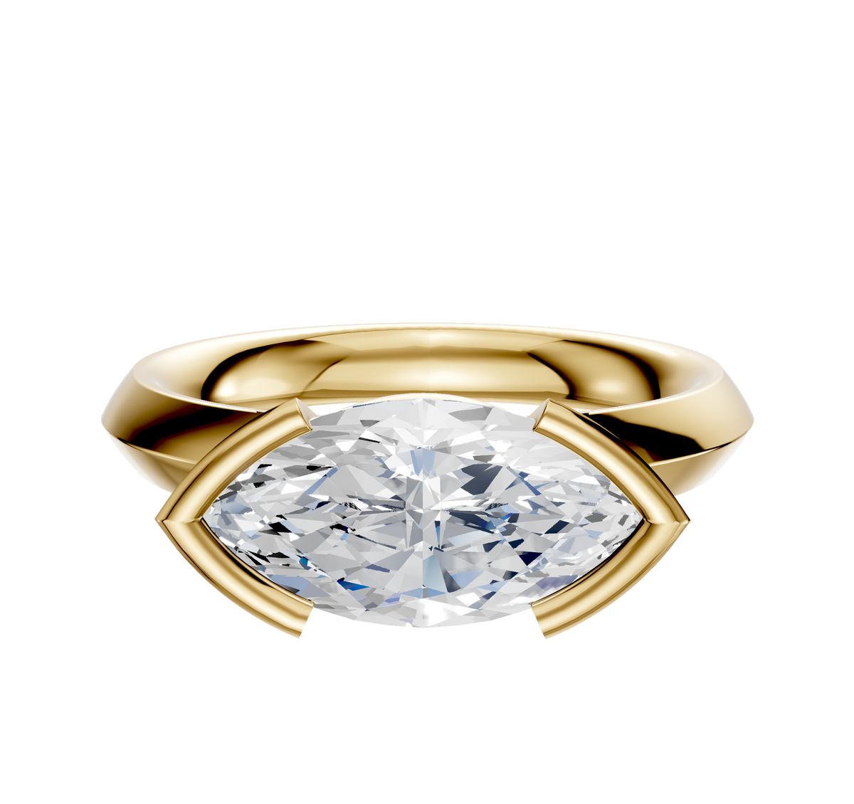An 18K yellow gold East/West Classic Knife Edge engagement ring featuring a 3.0mm marquise diamond in a modern half bezel setting, shown against a plain white background.