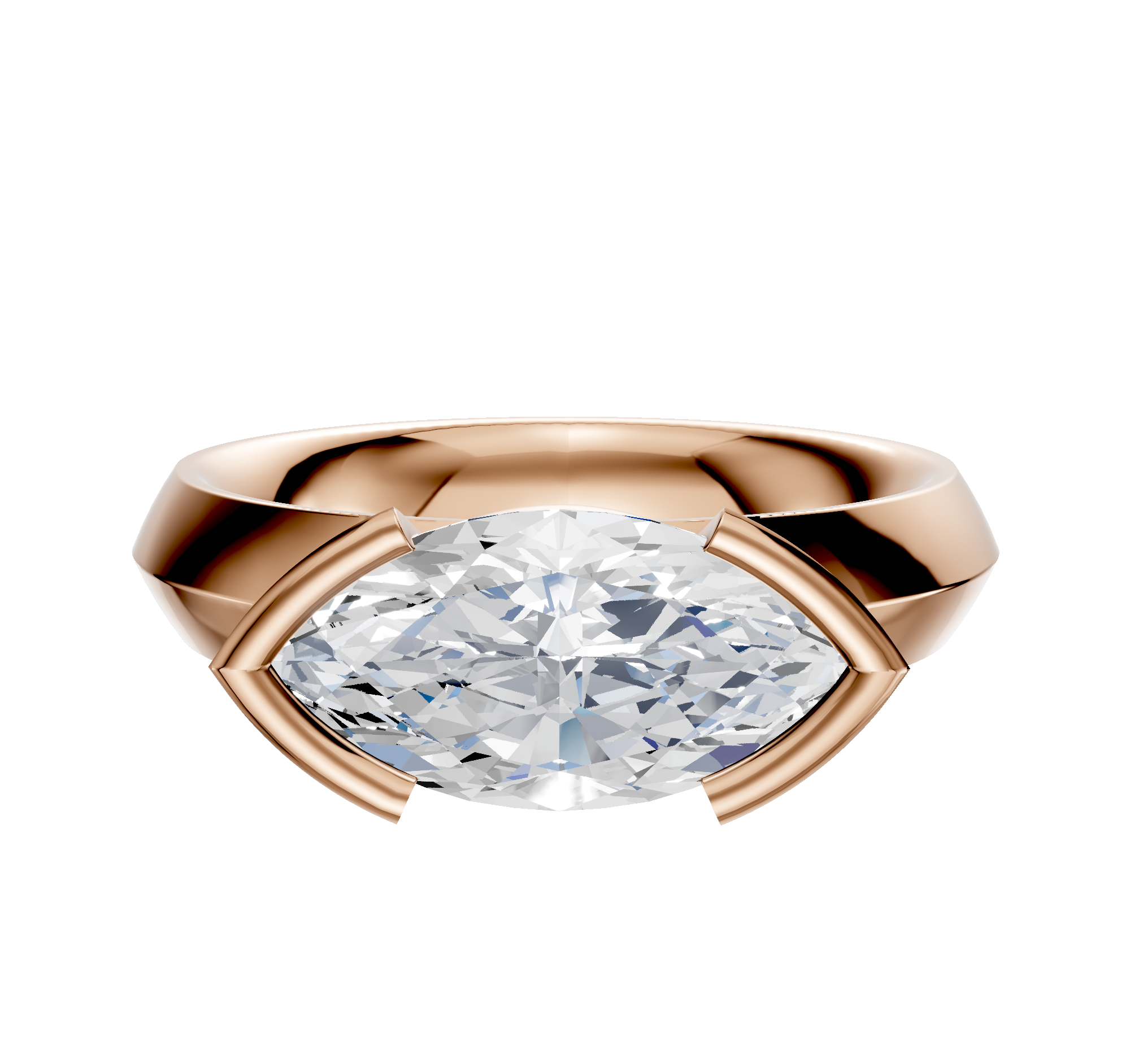 The 14K Rose Gold Bezel Half Bezel East/West Classic Knife Edge 4.0mm Engagement Ring features a horizontally set stone in a modern wide band, shown against a plain white background.