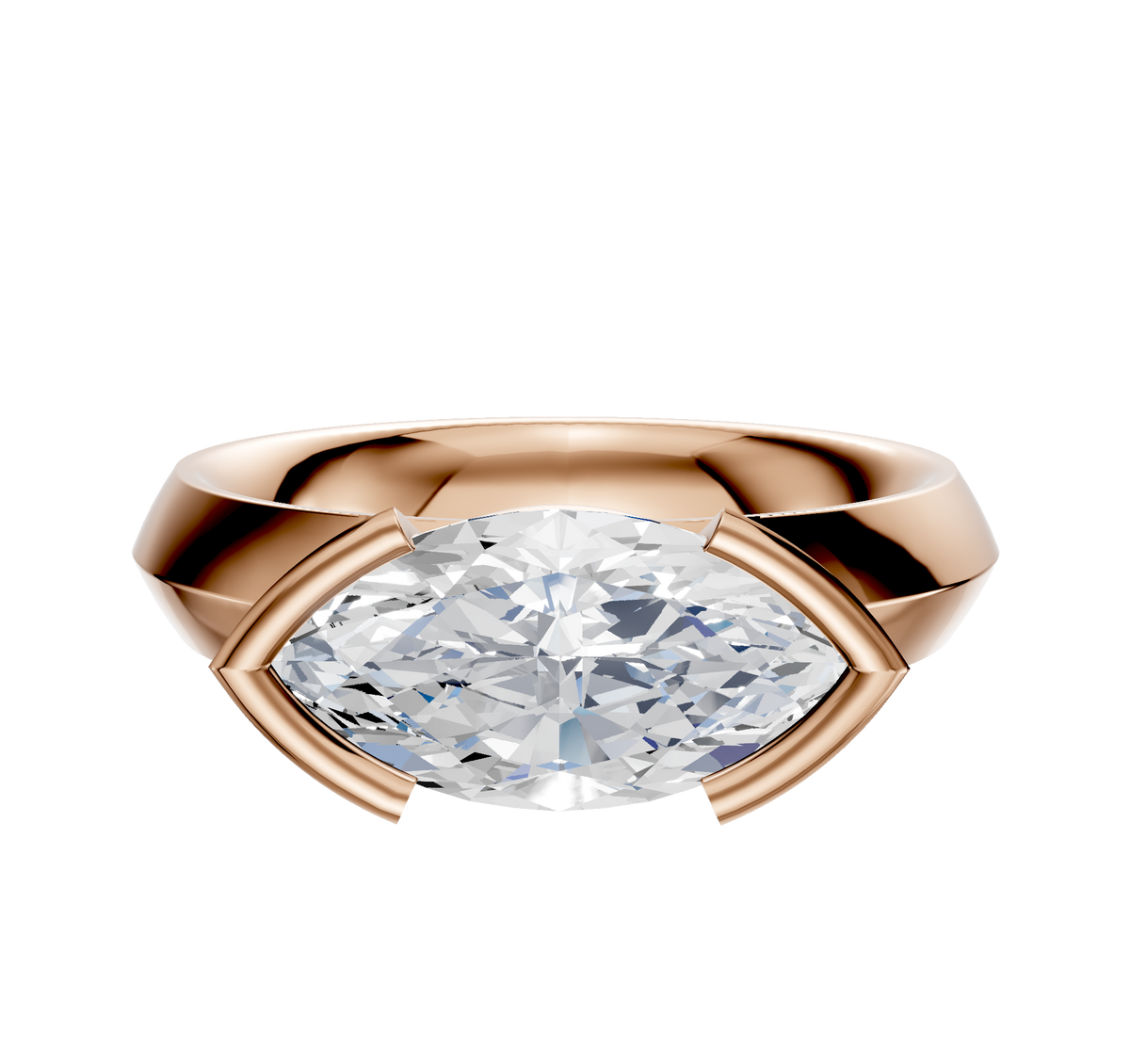 The 18K Rose Gold Bezel Half Bezel East/West Classic Knife Edge 4.0mm Engagement Ring showcases a horizontally set oval diamond in a modern band, photographed on a white background.