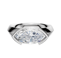 A 14K white gold engagement ring with a classic knife edge and half bezel east/west setting, showcasing a 4.0mm marquise-cut clear diamond, is displayed against a plain white background.