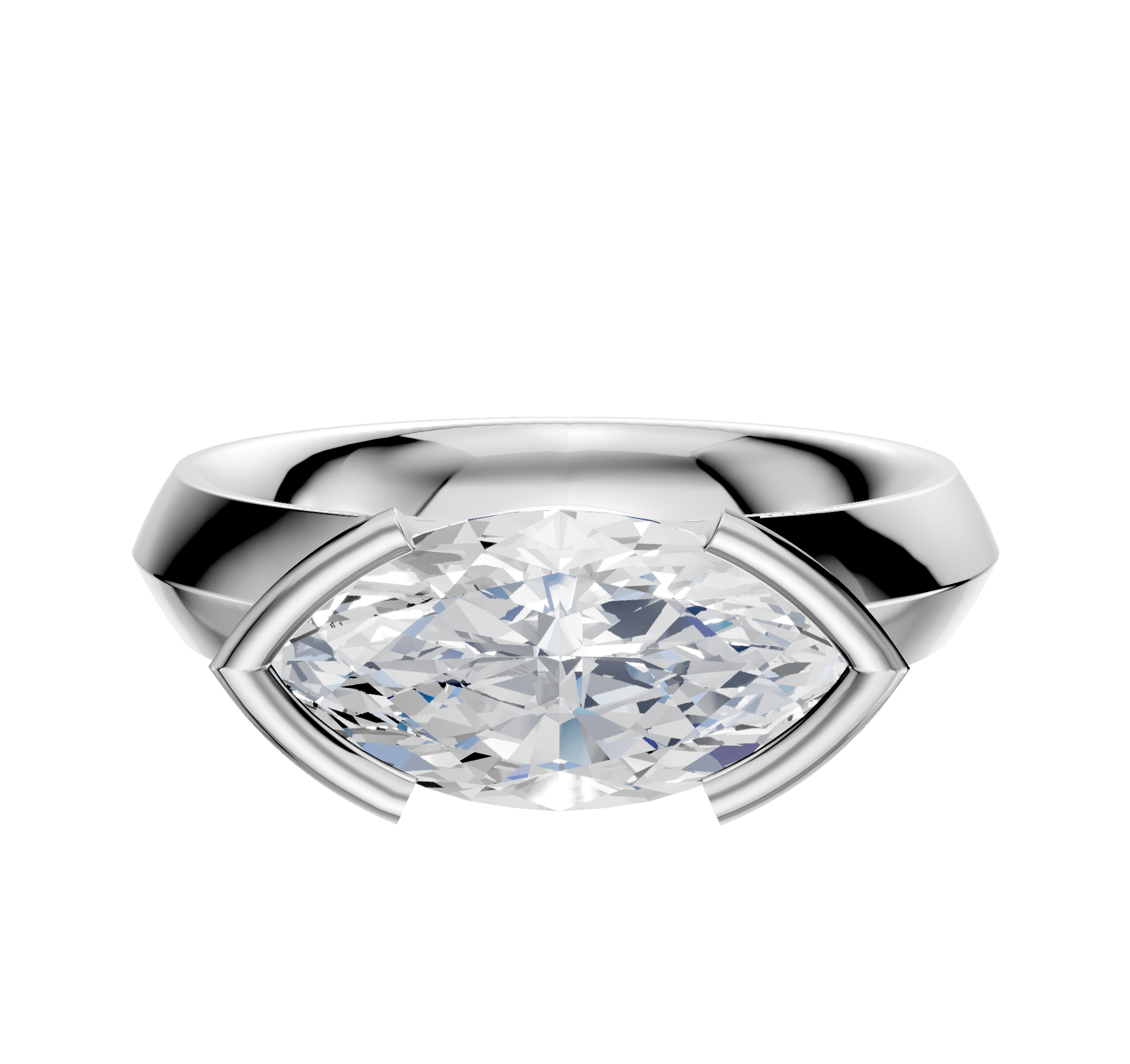 A 14K white gold engagement ring with a classic knife edge and half bezel east/west setting, showcasing a 4.0mm marquise-cut clear diamond, is displayed against a plain white background.