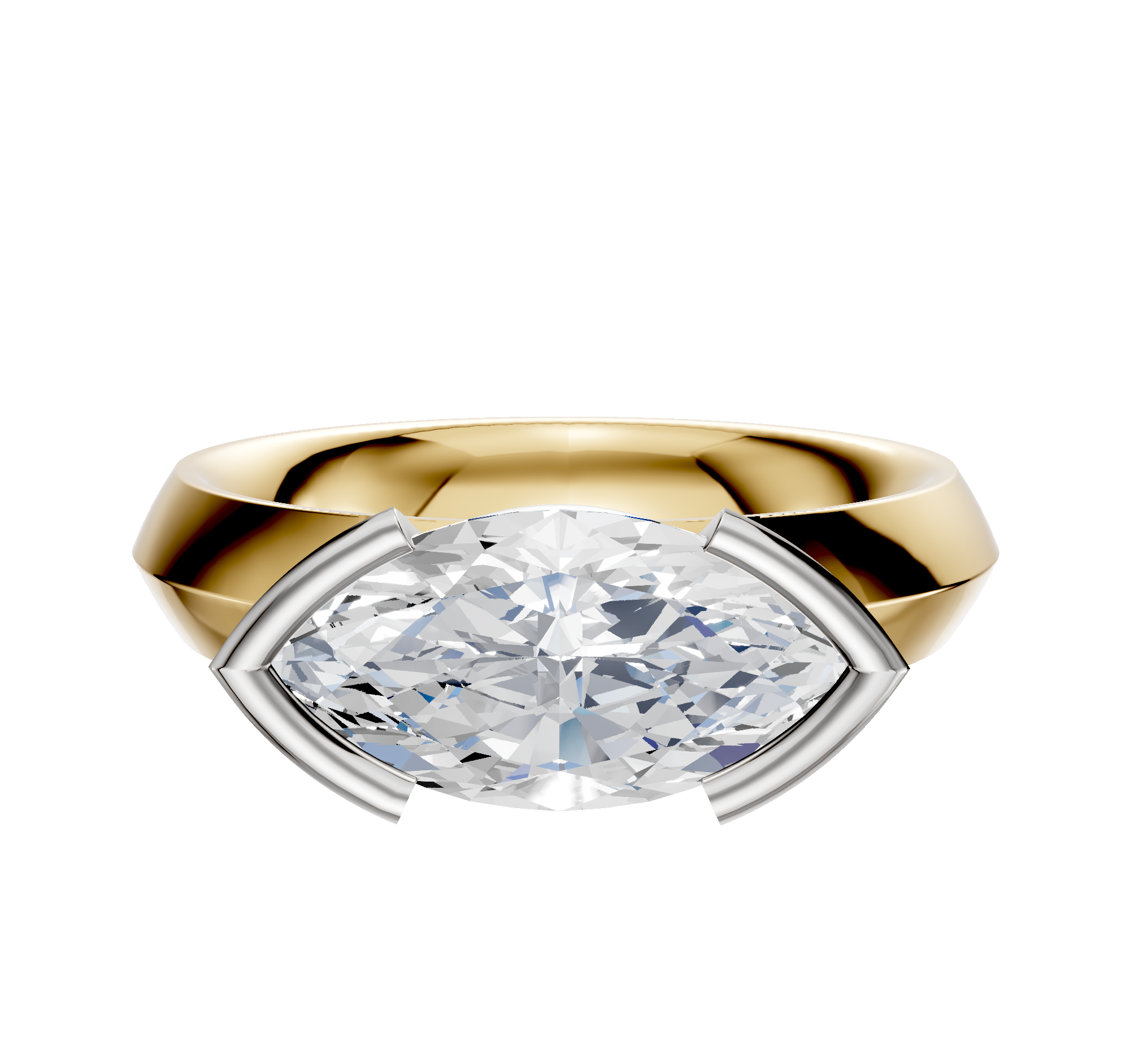 A 14K two-tone bezel half bezel east/west classic knife edge 4.0mm engagement ring with a marquise-cut diamond is shown against a plain white background.