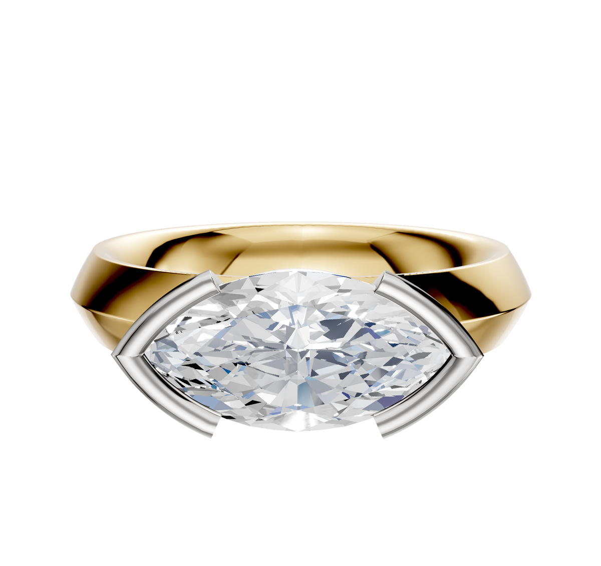 An 18K Two Tone Bezel Half Bezel East/West Classic Knife Edge 4.0mm engagement ring, featuring a marquise-cut diamond in the center, held by sleek silver prongs and displayed against a plain white background.