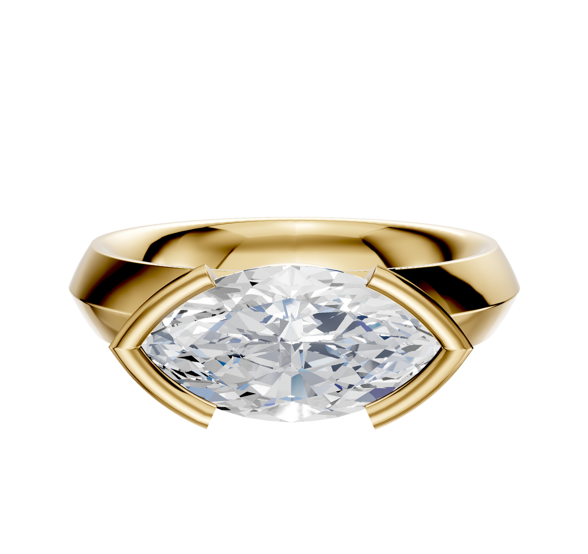 An 18K yellow gold engagement ring features a 4.0mm diamond set east/west in a classic knife edge half bezel band with modern geometric prongs. Displayed against a plain white background.